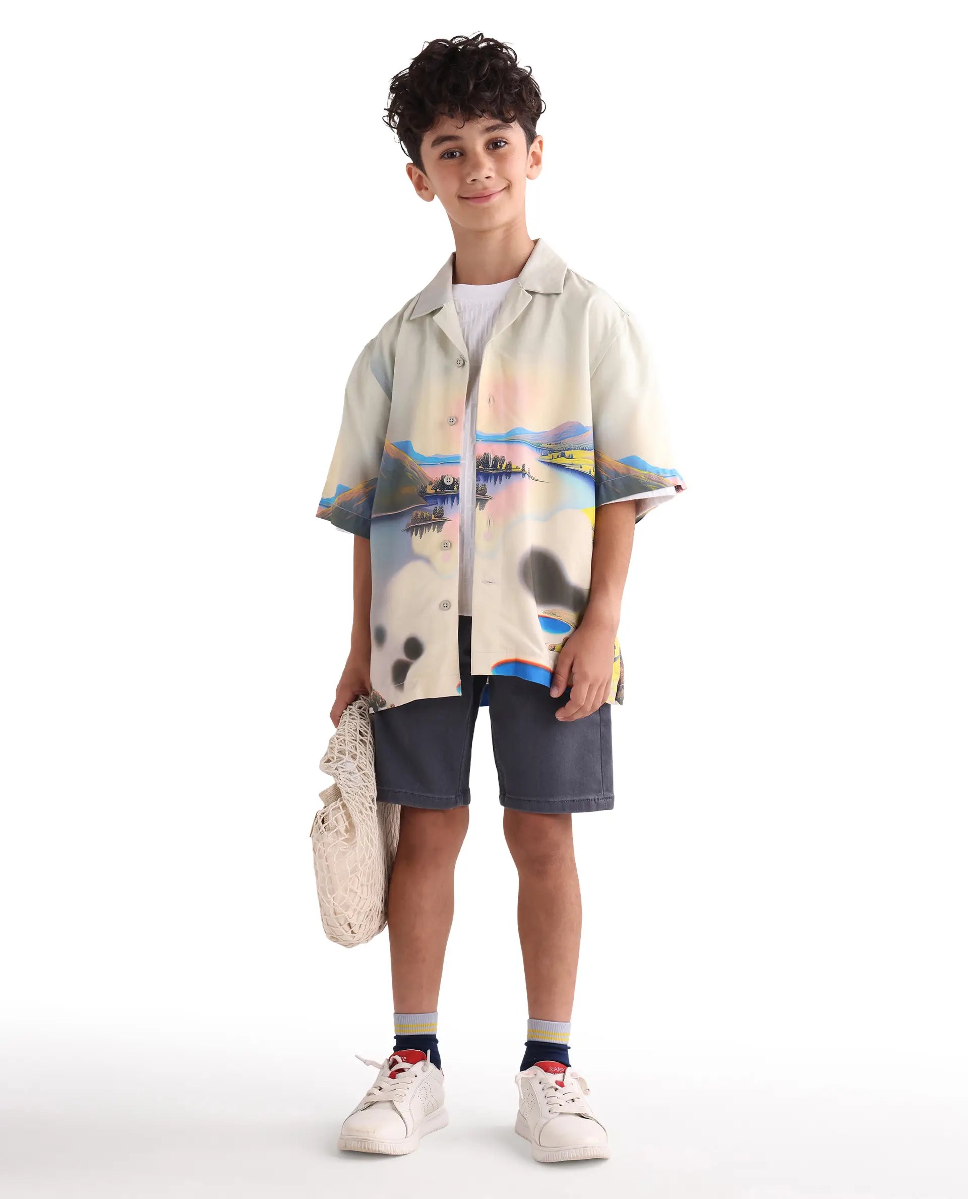 Rare Ones Kids Afix-K Light Yellow Viscose Rayon Fabric Button Closure Digital Print Boxy Fit Shirt