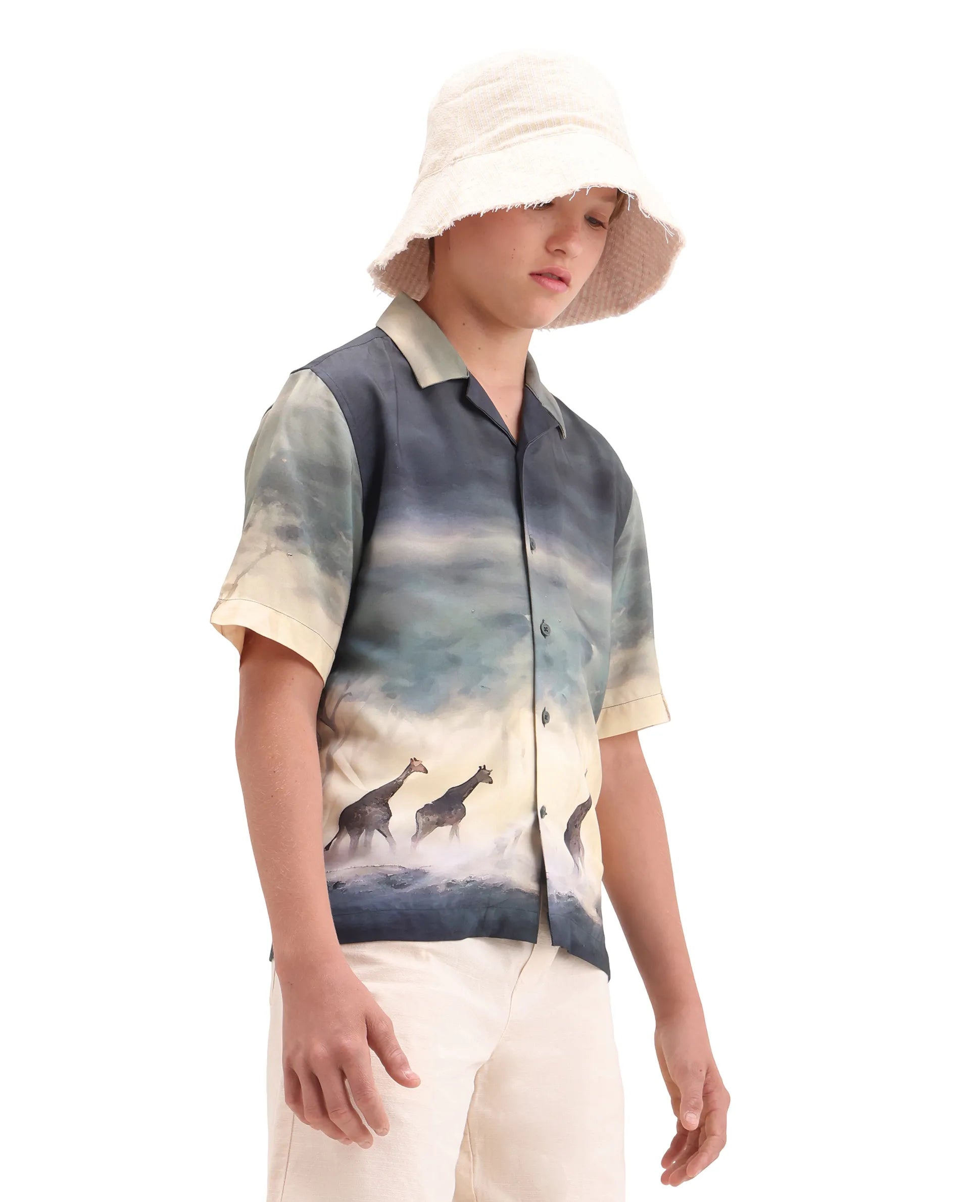 Rare Ones Kids Kenyo-26 Green Viscose Rayon Fabric Button Closure Boxy Fit Shirt