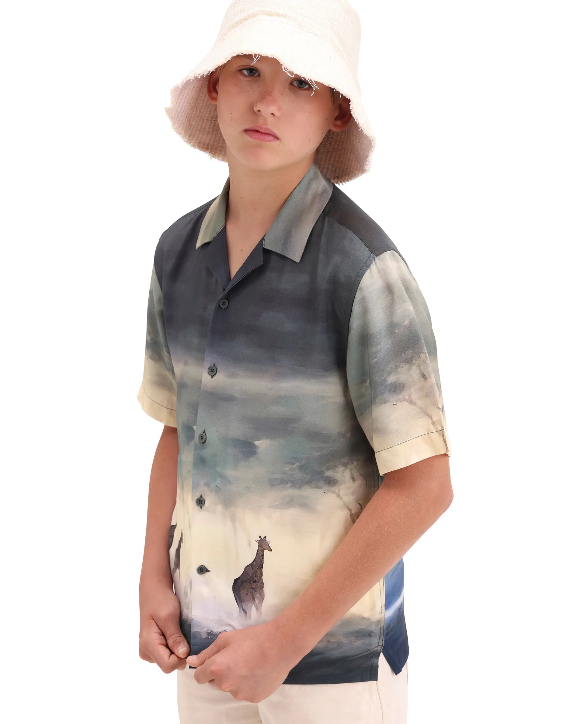 Rare Ones Kids Kenyo-26 Green Viscose Rayon Fabric Button Closure Boxy Fit Shirt