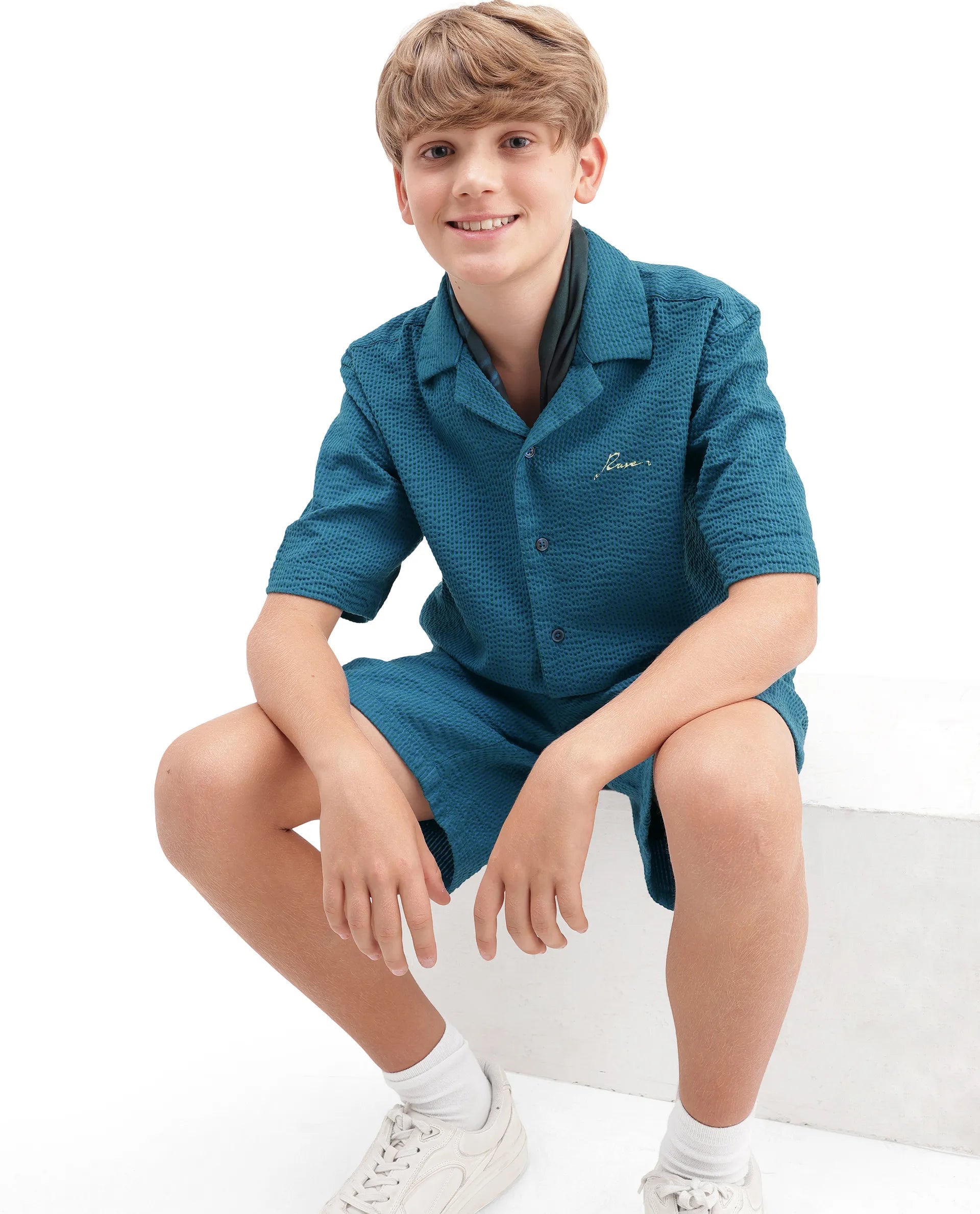 Rare Ones Kids Tesso-S Dark Turq Cotton Fabric Button Closure Regular Fit Shirt