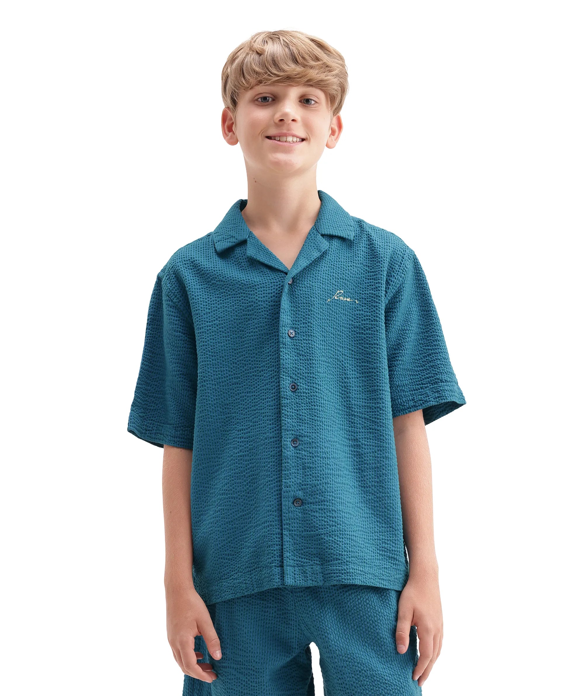 Rare Ones Kids Tesso-S Dark Turq Cotton Fabric Button Closure Regular Fit Shirt