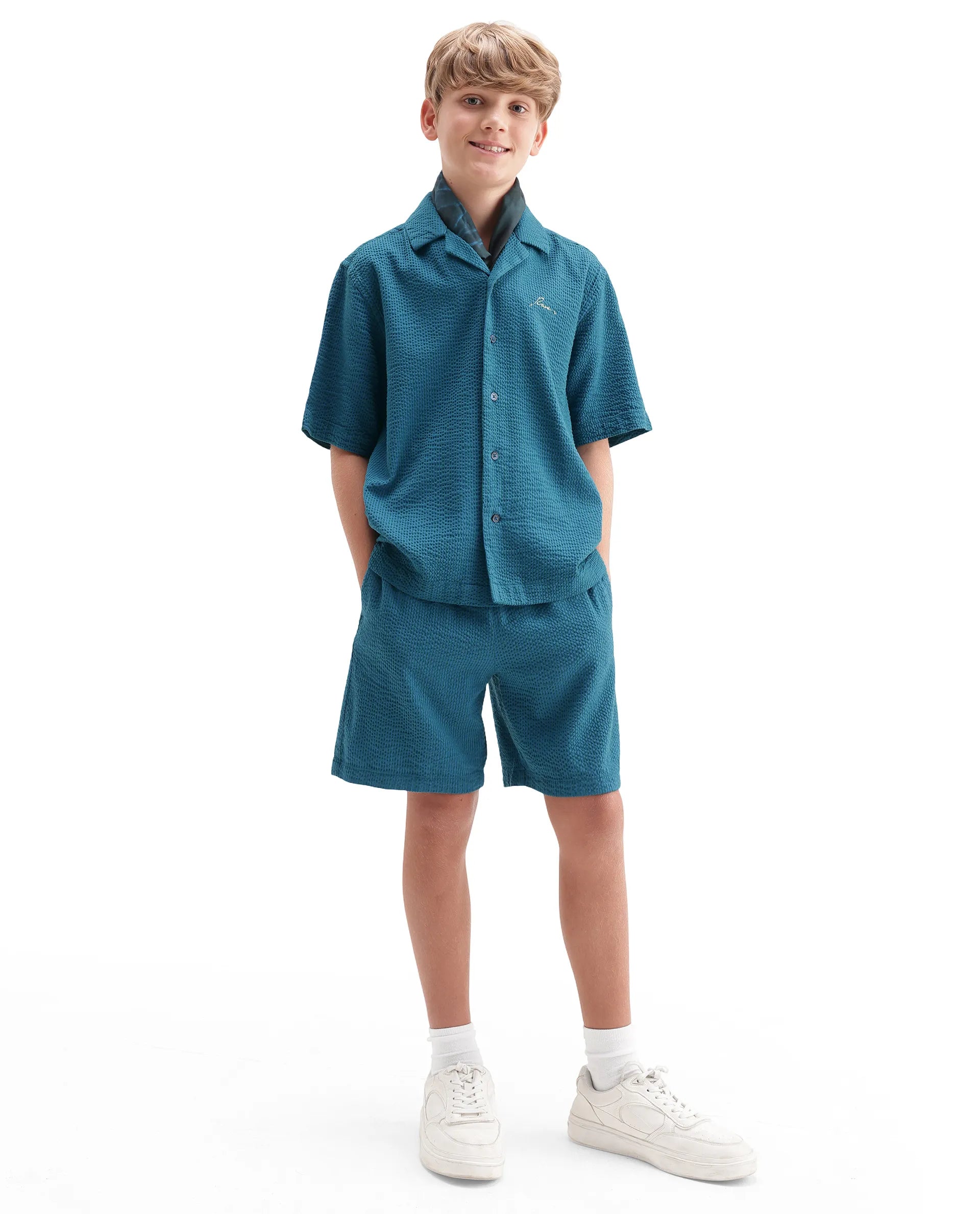 Rare Ones Kids Tesso-S Dark Turq Cotton Fabric Button Closure Regular Fit Shirt