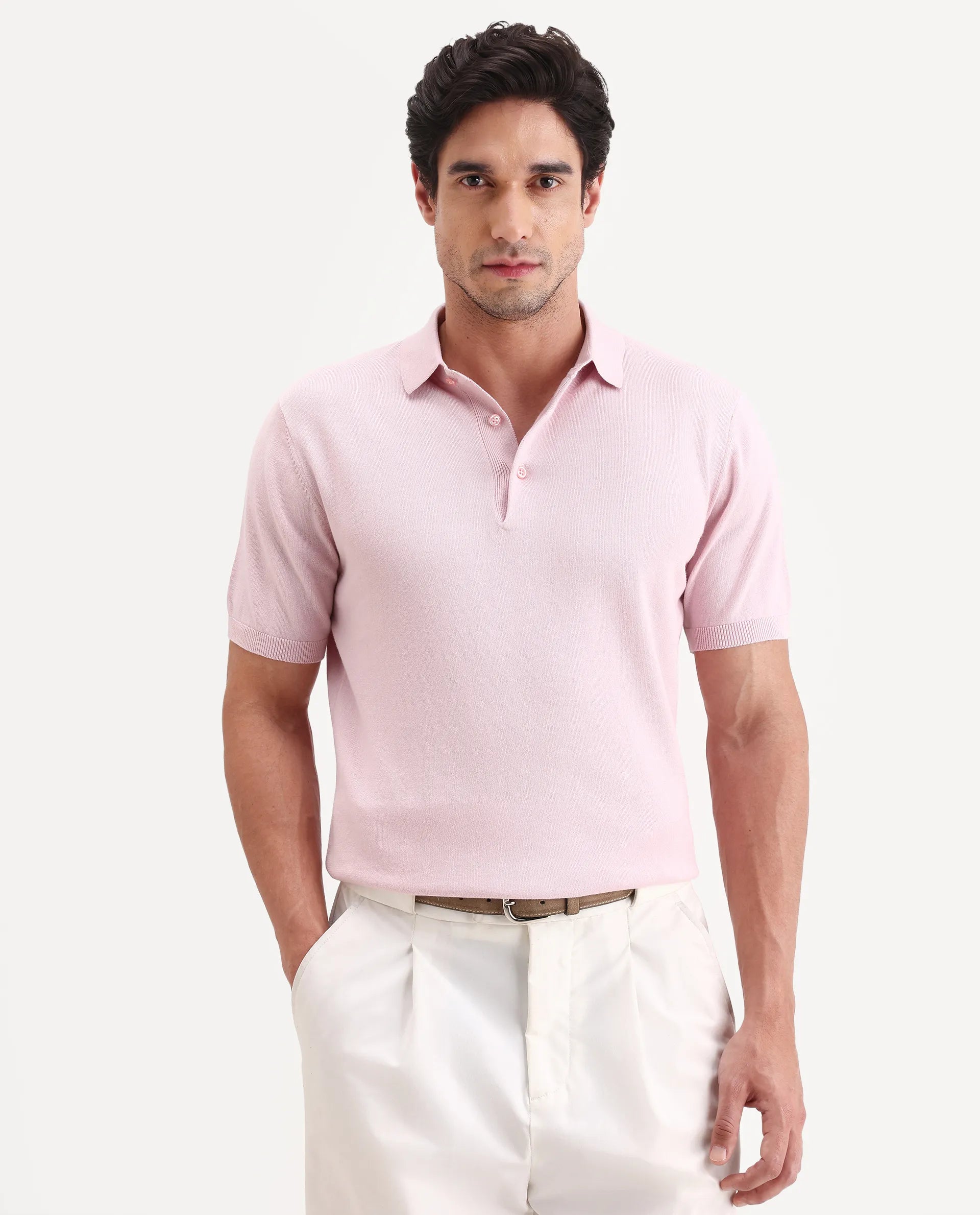 Rare Rabbit Men's Arc Light Pink Cotton Fabric Half Sleeve Spread Collar Regular Plain Polo