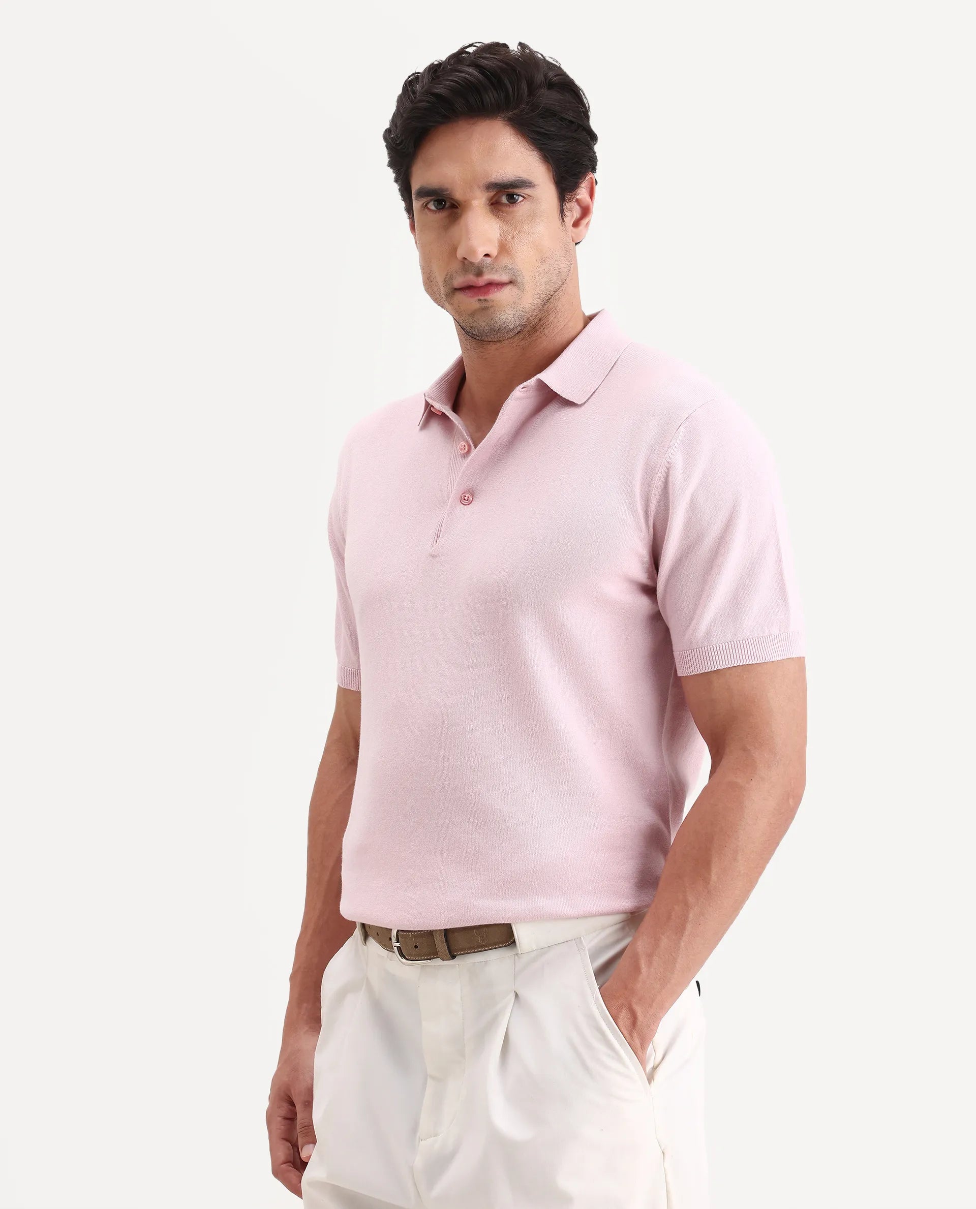 Rare Rabbit Men's Arc Light Pink Cotton Fabric Half Sleeve Spread Collar Regular Plain Polo