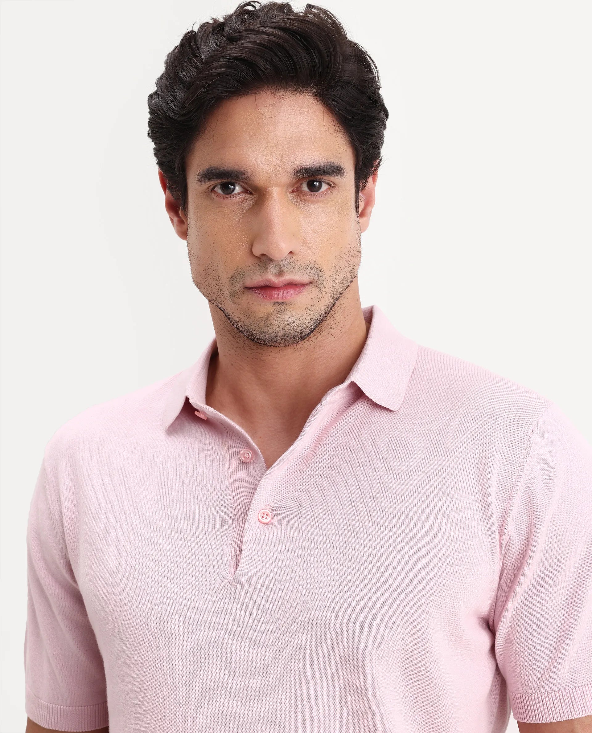 Rare Rabbit Men's Arc Light Pink Cotton Fabric Half Sleeve Spread Collar Regular Plain Polo