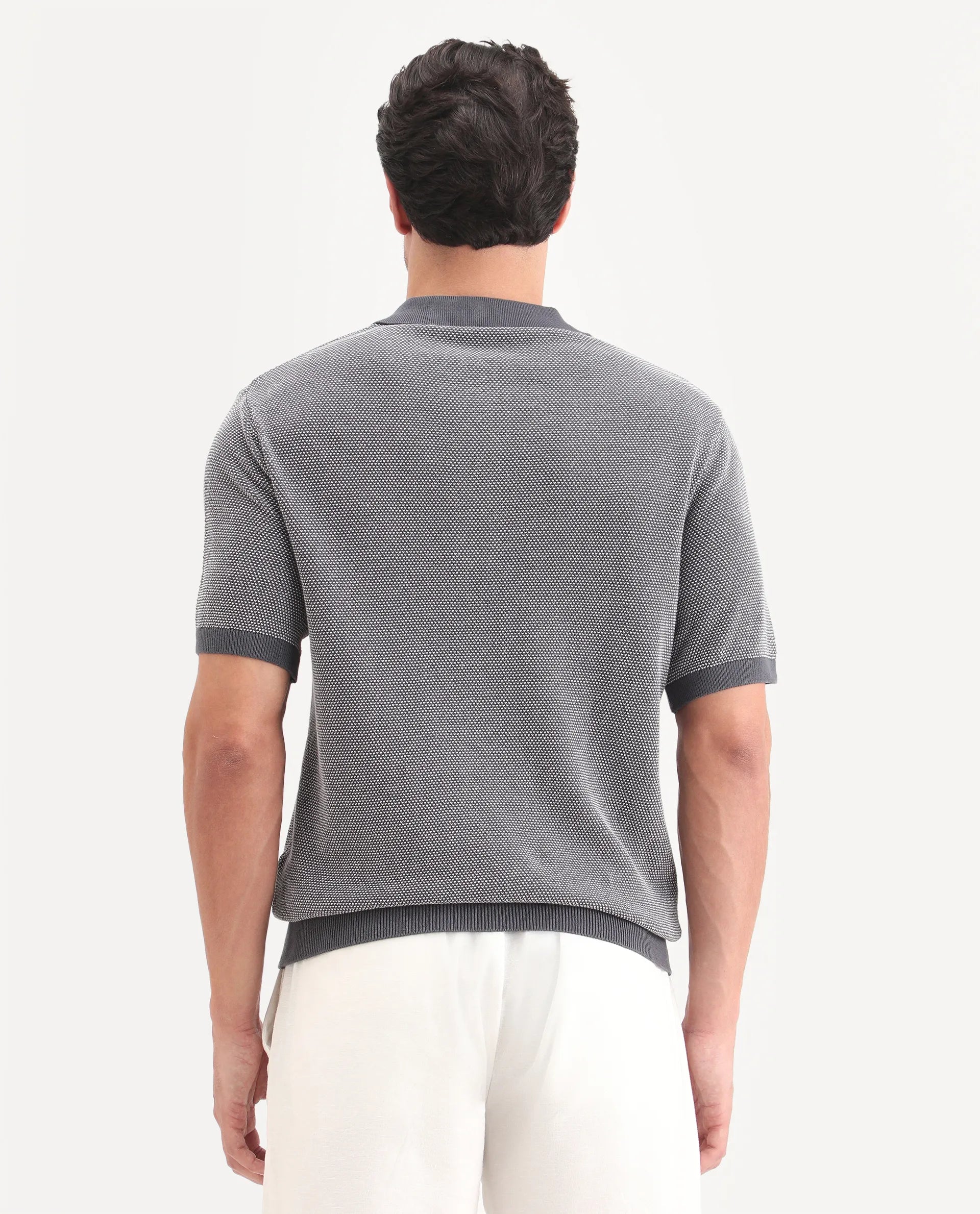 Rare Rabbit Men's Erme Dark Grey Cotton Fabric Half Sleeve Spread Collar Regular Jacquard Polo