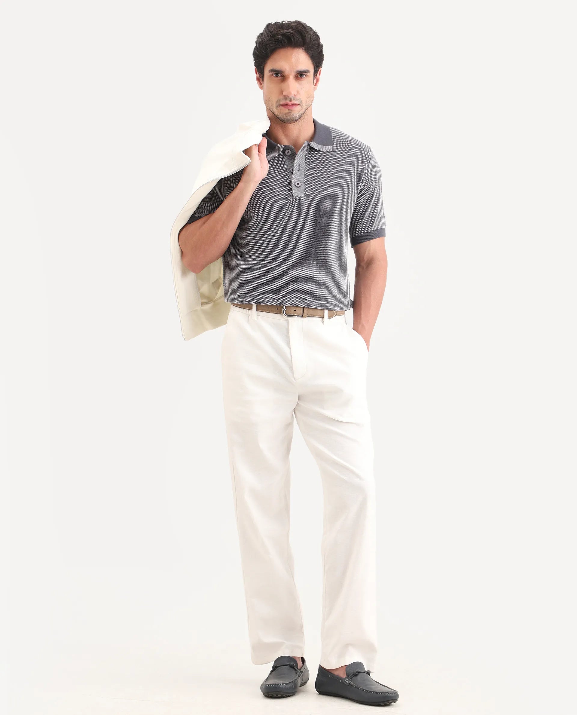 Rare Rabbit Men's Erme Dark Grey Cotton Fabric Half Sleeve Spread Collar Regular Jacquard Polo
