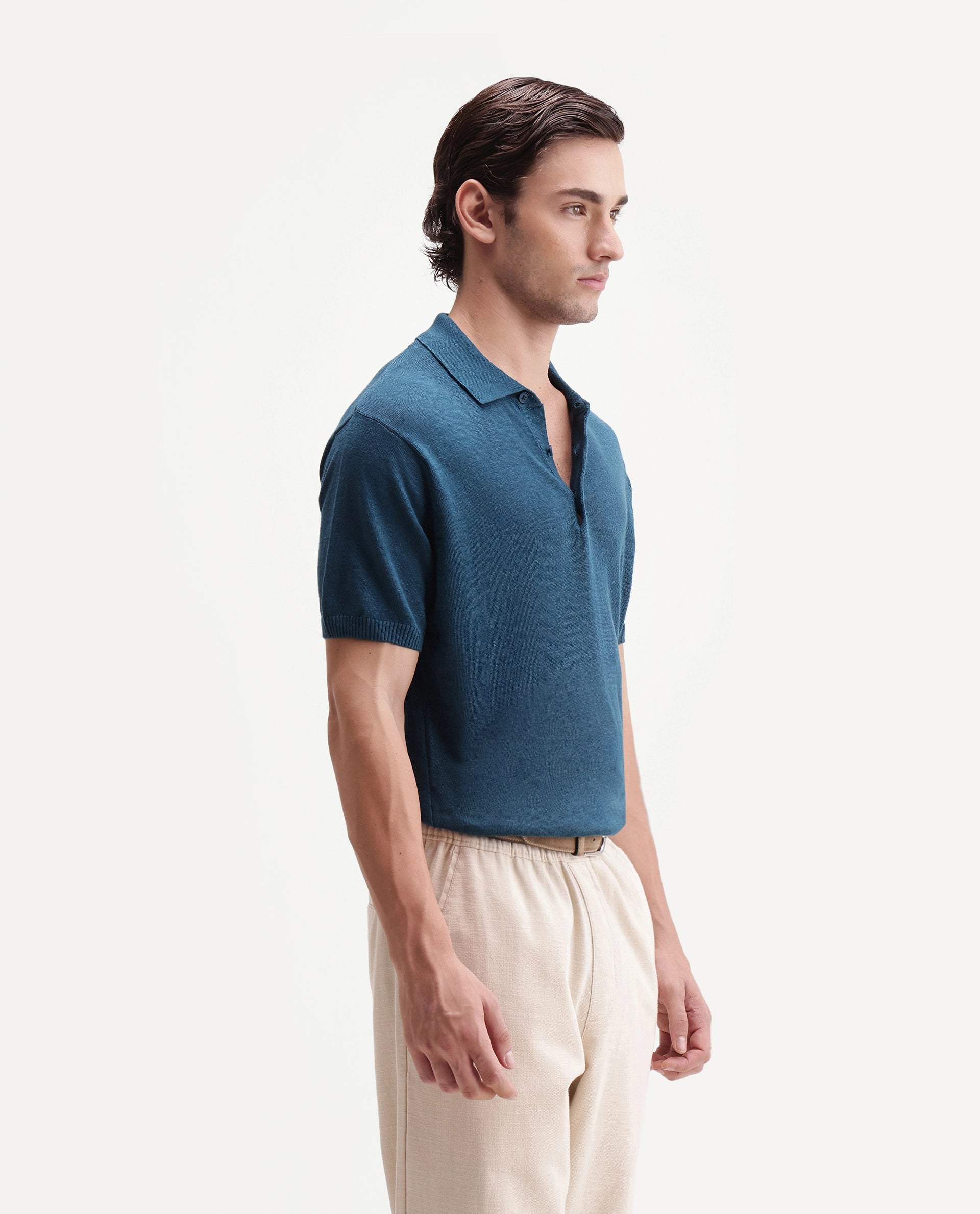 Rare Rabbit Men's Mekko-S26 Dark Teal Linen Blend Fabric Half Sleeve Spread Collar Regular Plain Polo
