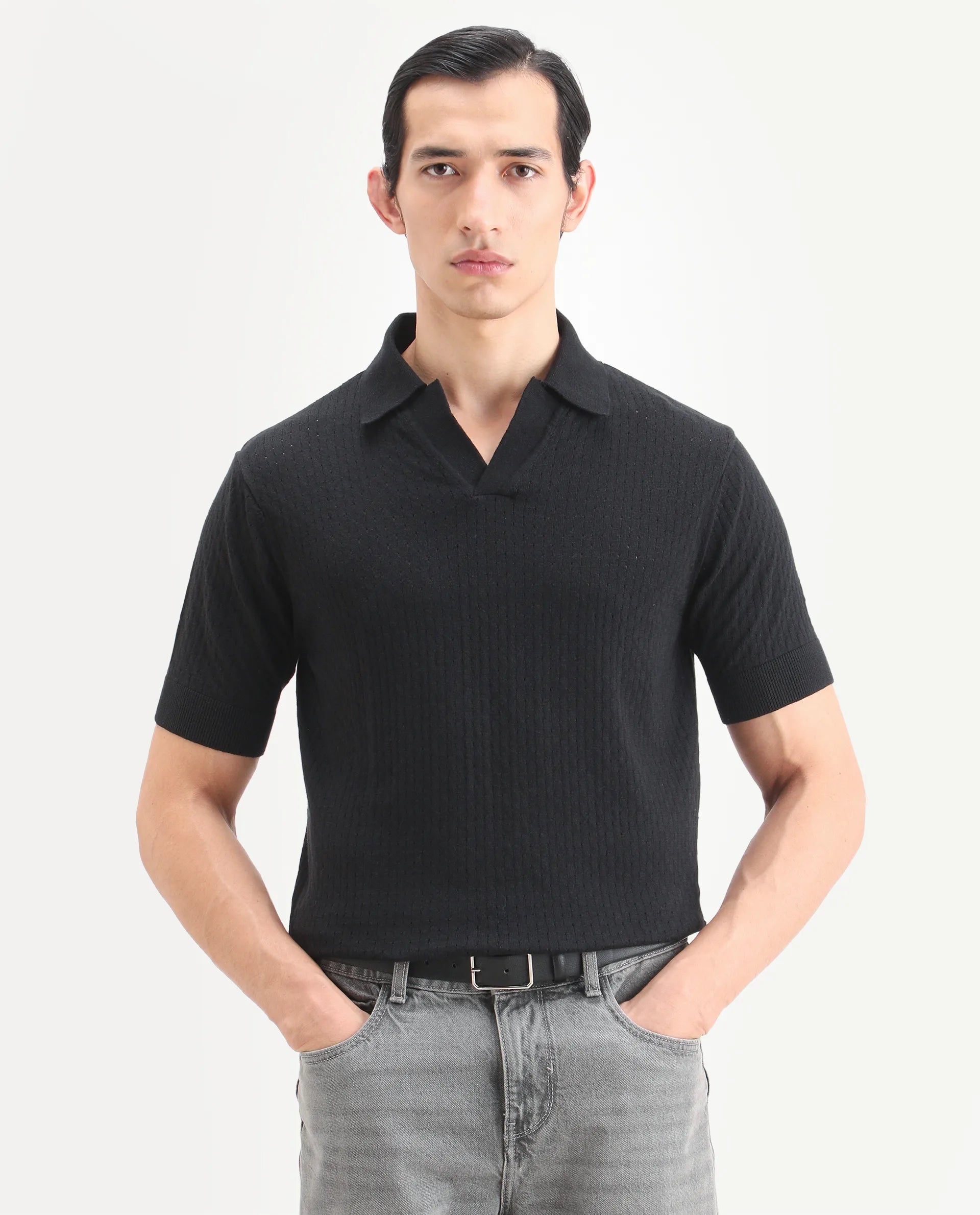 Rare Rabbit Men's Flay Black Cotton Fabric Half Sleeve Johnny Collar Regular Jacquard Polo