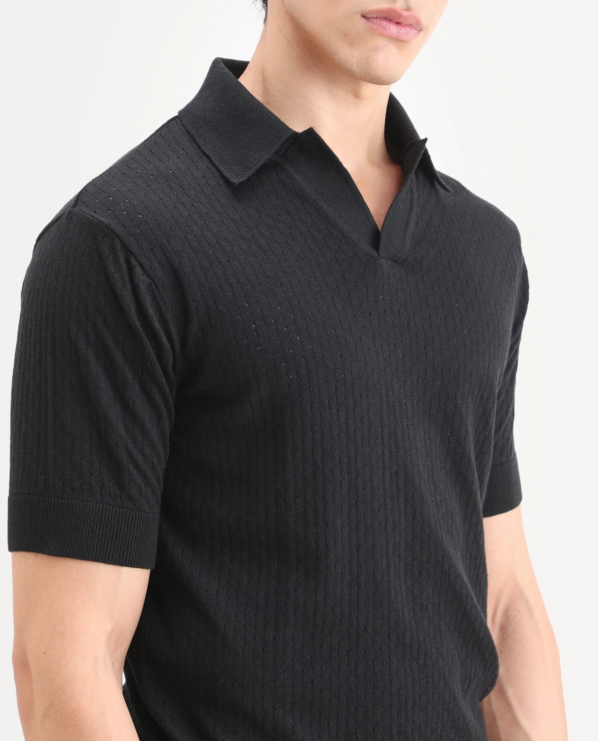 Rare Rabbit Men's Flay Black Cotton Fabric Half Sleeve Johnny Collar Regular Jacquard Polo