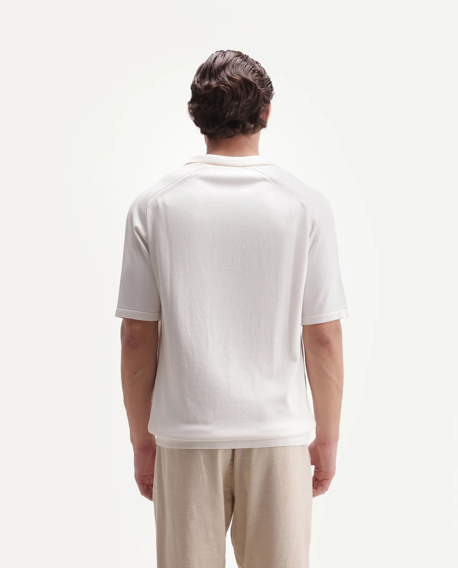 Rare Rabbit Men's Miri-Aw26 White Viscose Blend Fabric Half Sleeve Cuban Collar Regular Fit Plain Polo