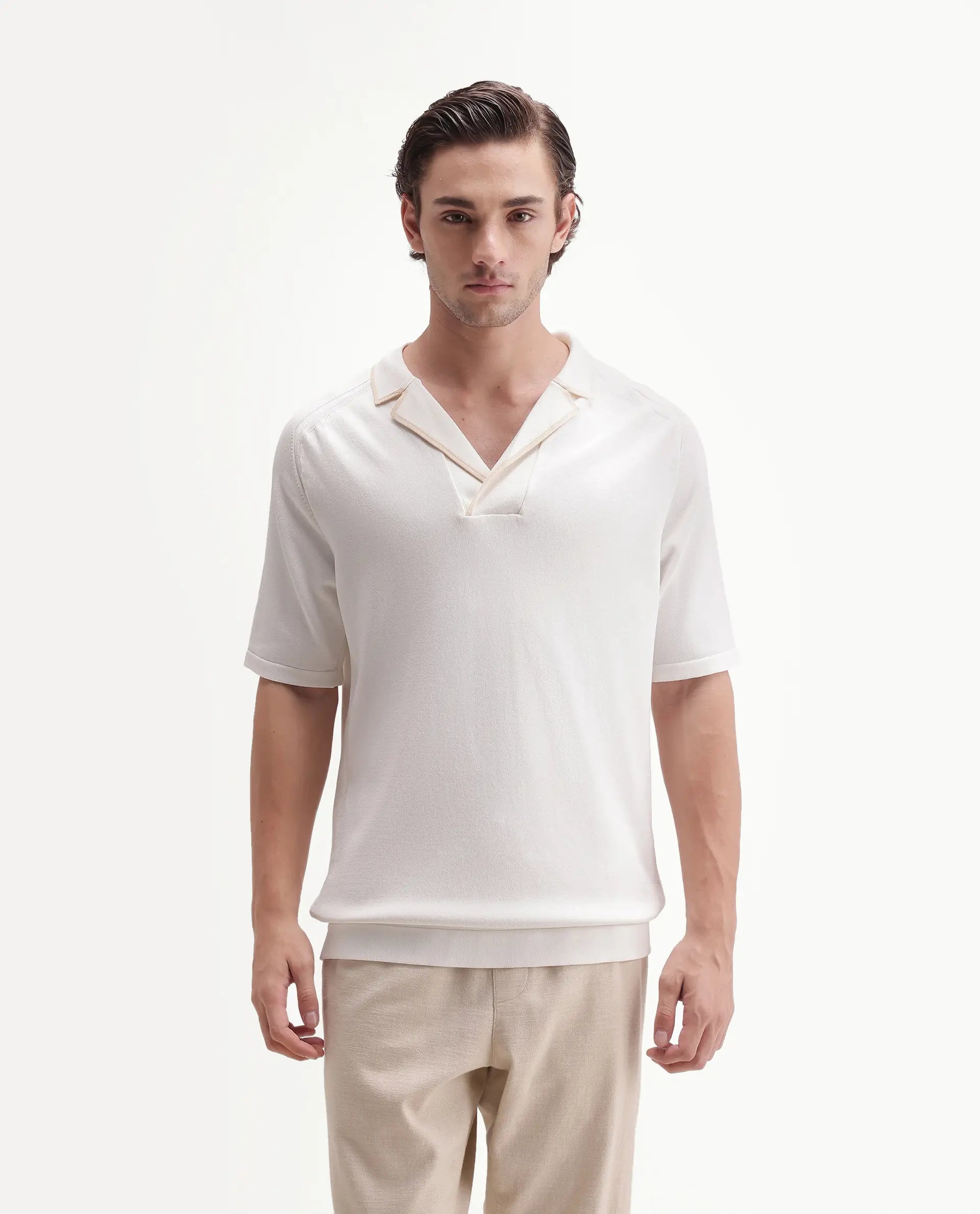 Rare Rabbit Men's Miri-Aw26 White Viscose Blend Fabric Half Sleeve Cuban Collar Regular Fit Plain Polo