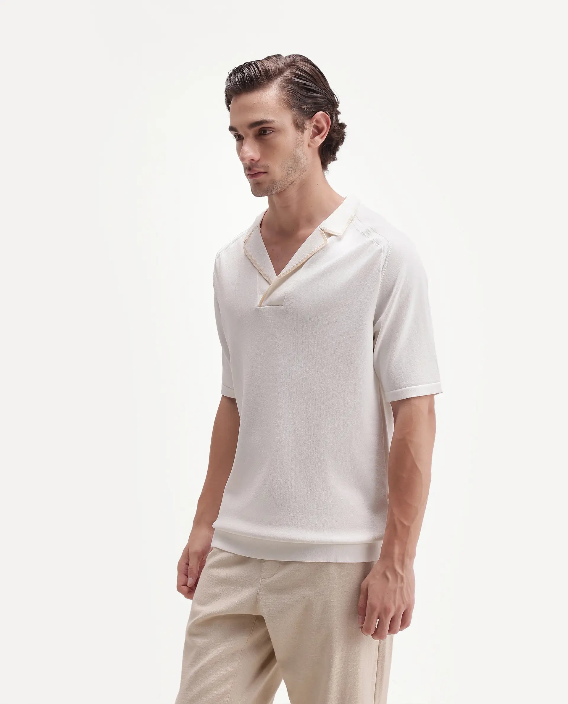 Rare Rabbit Men's Miri-Aw26 White Viscose Blend Fabric Half Sleeve Cuban Collar Regular Fit Plain Polo