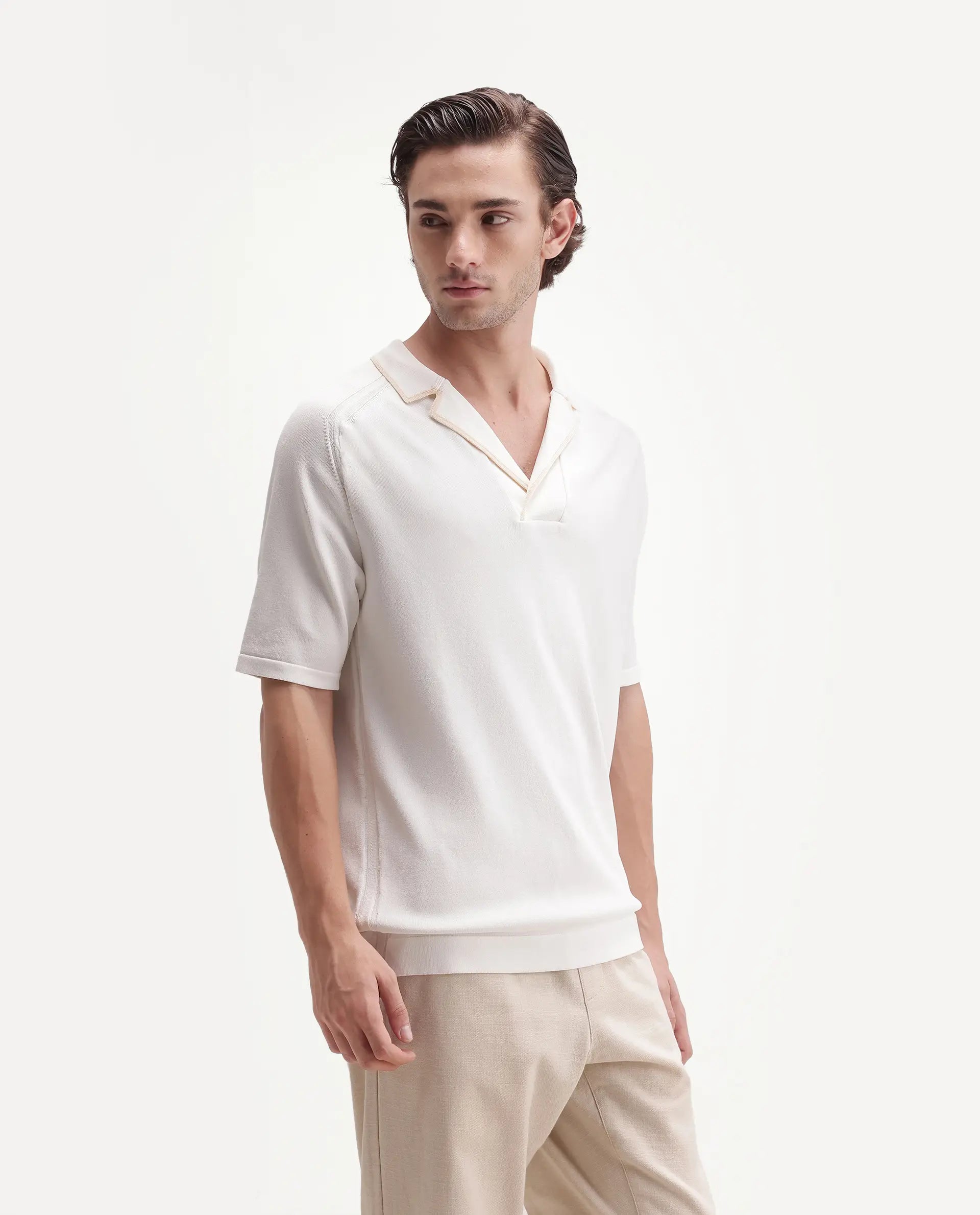 Rare Rabbit Men's Miri-Aw26 White Viscose Blend Fabric Half Sleeve Cuban Collar Regular Fit Plain Polo