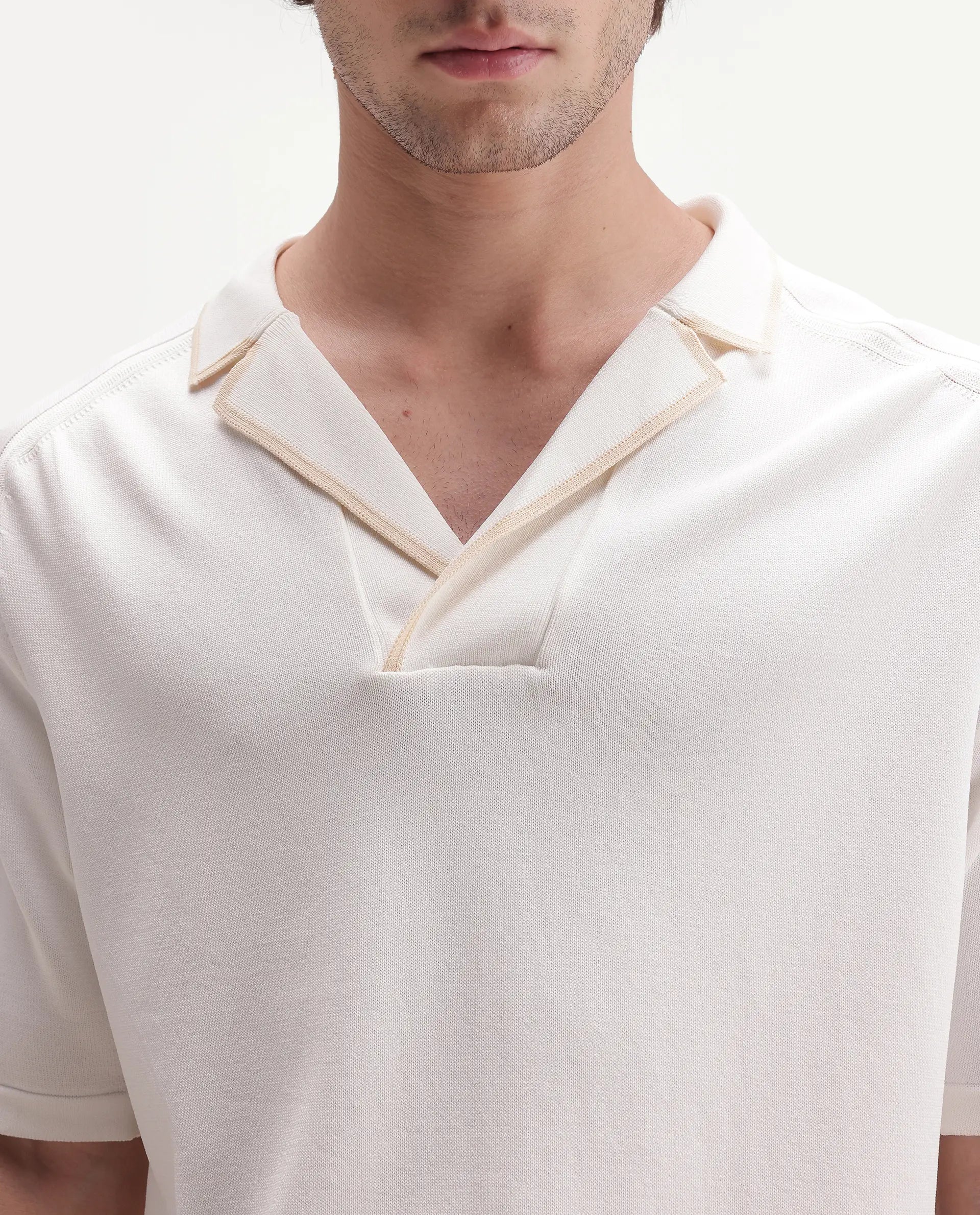 Rare Rabbit Men's Miri-Aw26 White Viscose Blend Fabric Half Sleeve Cuban Collar Regular Fit Plain Polo