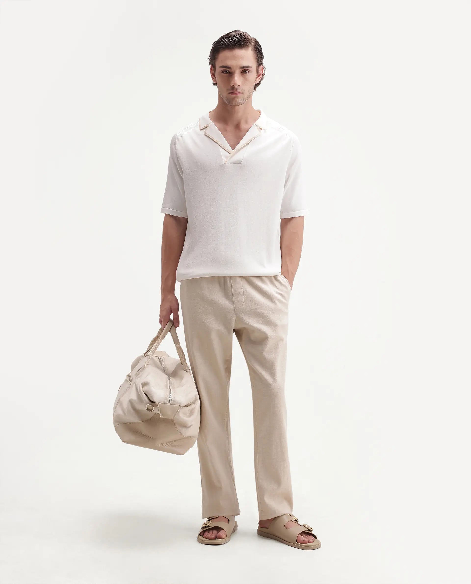 Rare Rabbit Men's Miri-Aw26 White Viscose Blend Fabric Half Sleeve Cuban Collar Regular Fit Plain Polo