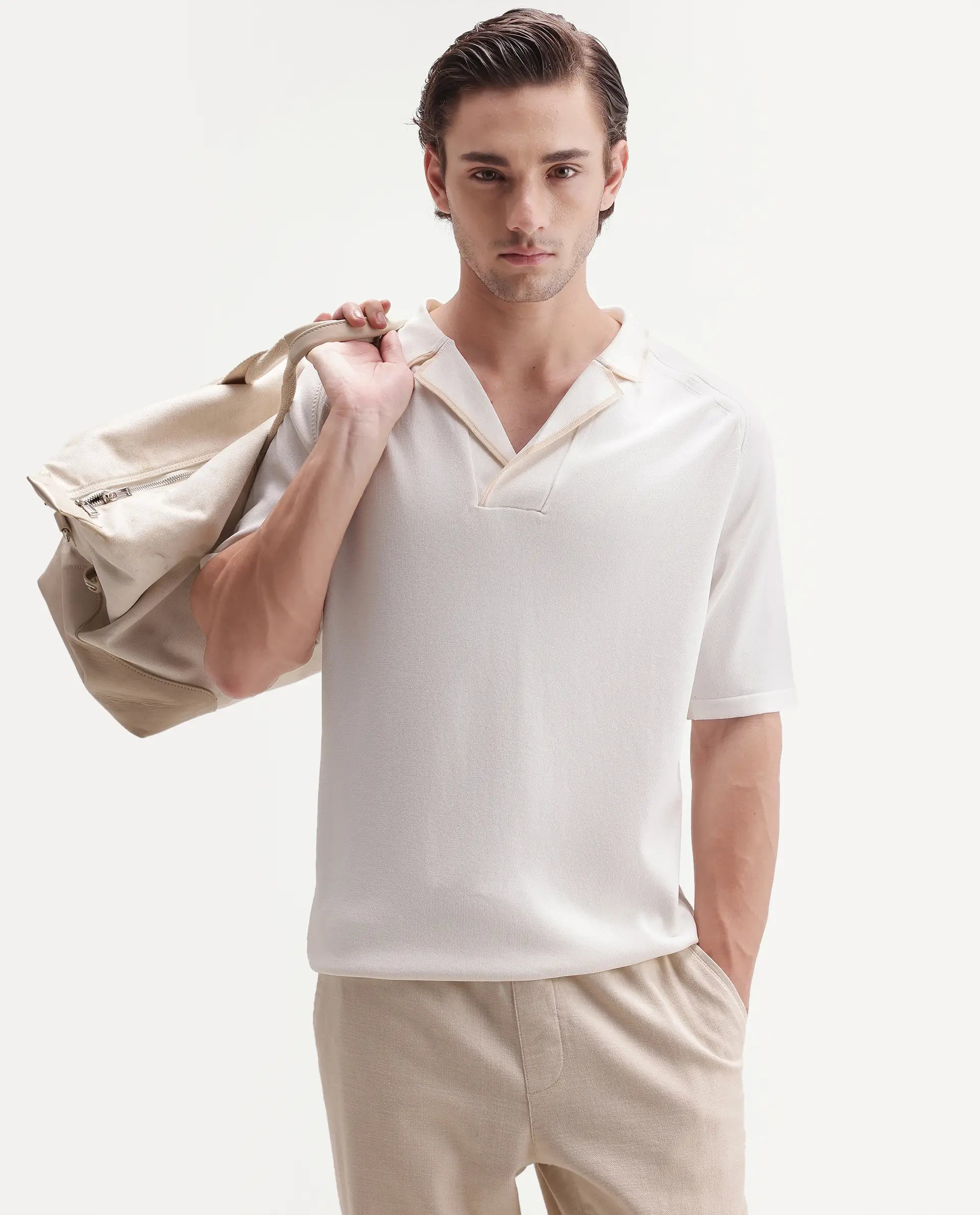 Rare Rabbit Men's Miri-Aw26 White Viscose Blend Fabric Half Sleeve Cuban Collar Regular Fit Plain Polo