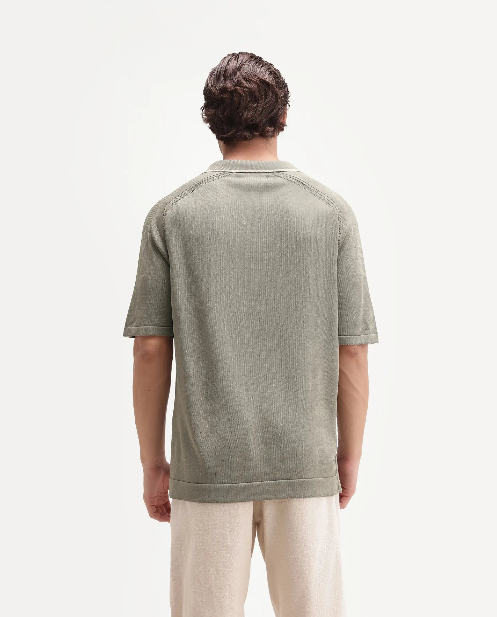 Rare Rabbit Men's Miri-Aw26 Dusky Green Viscose Blend Fabric Half Sleeve Cuban Collar Regular Fit Plain Polo