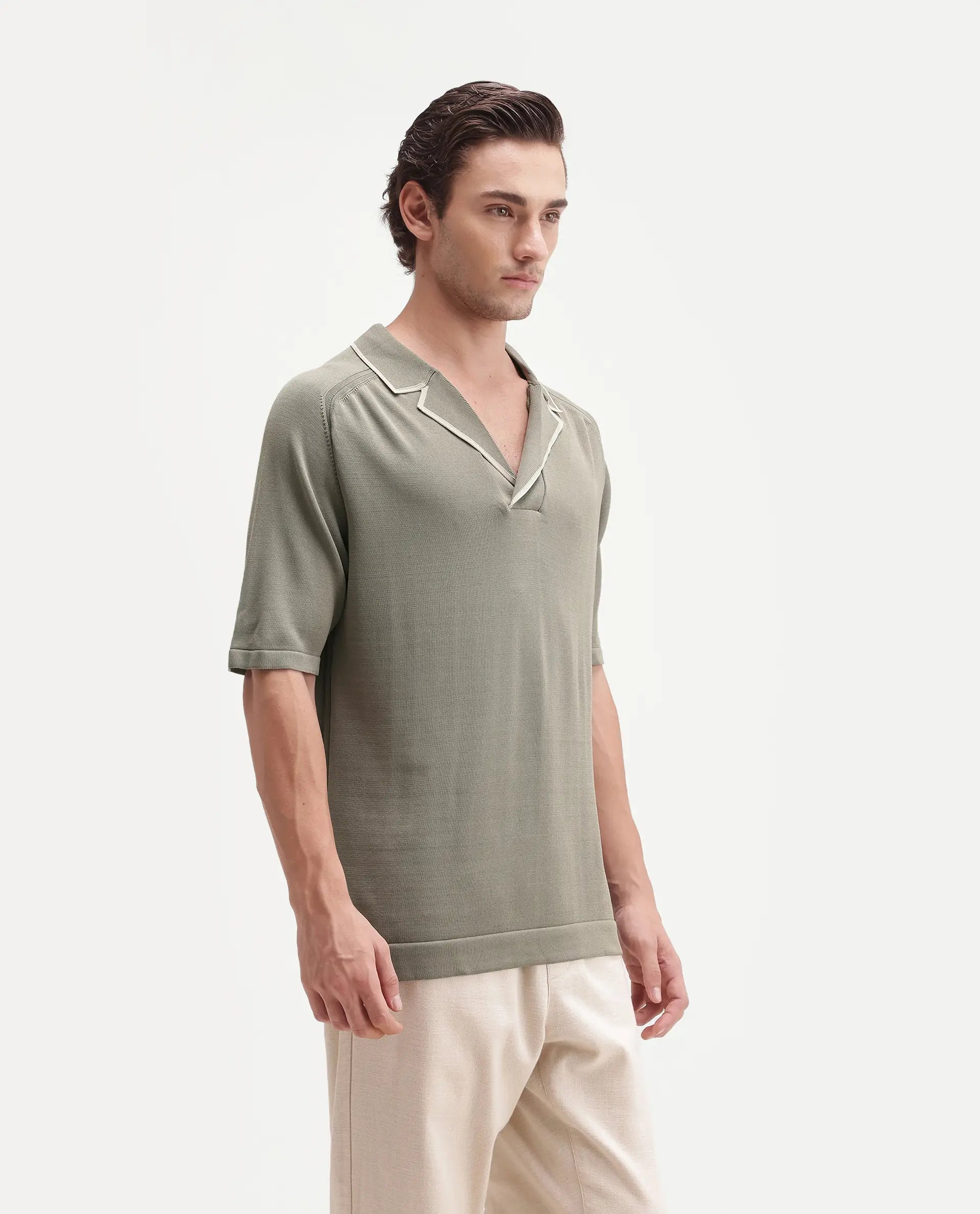 Rare Rabbit Men's Miri-Aw26 Dusky Green Viscose Blend Fabric Half Sleeve Cuban Collar Regular Fit Plain Polo
