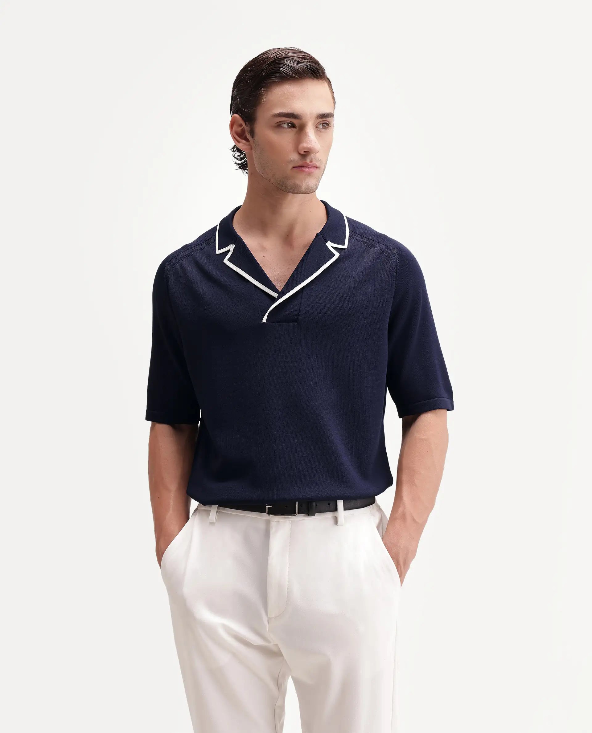 Rare Rabbit Men's Miri-Aw26 Dark Navy Viscose Blend Fabric Half Sleeve Cuban Collar Regular Fit Plain Polo