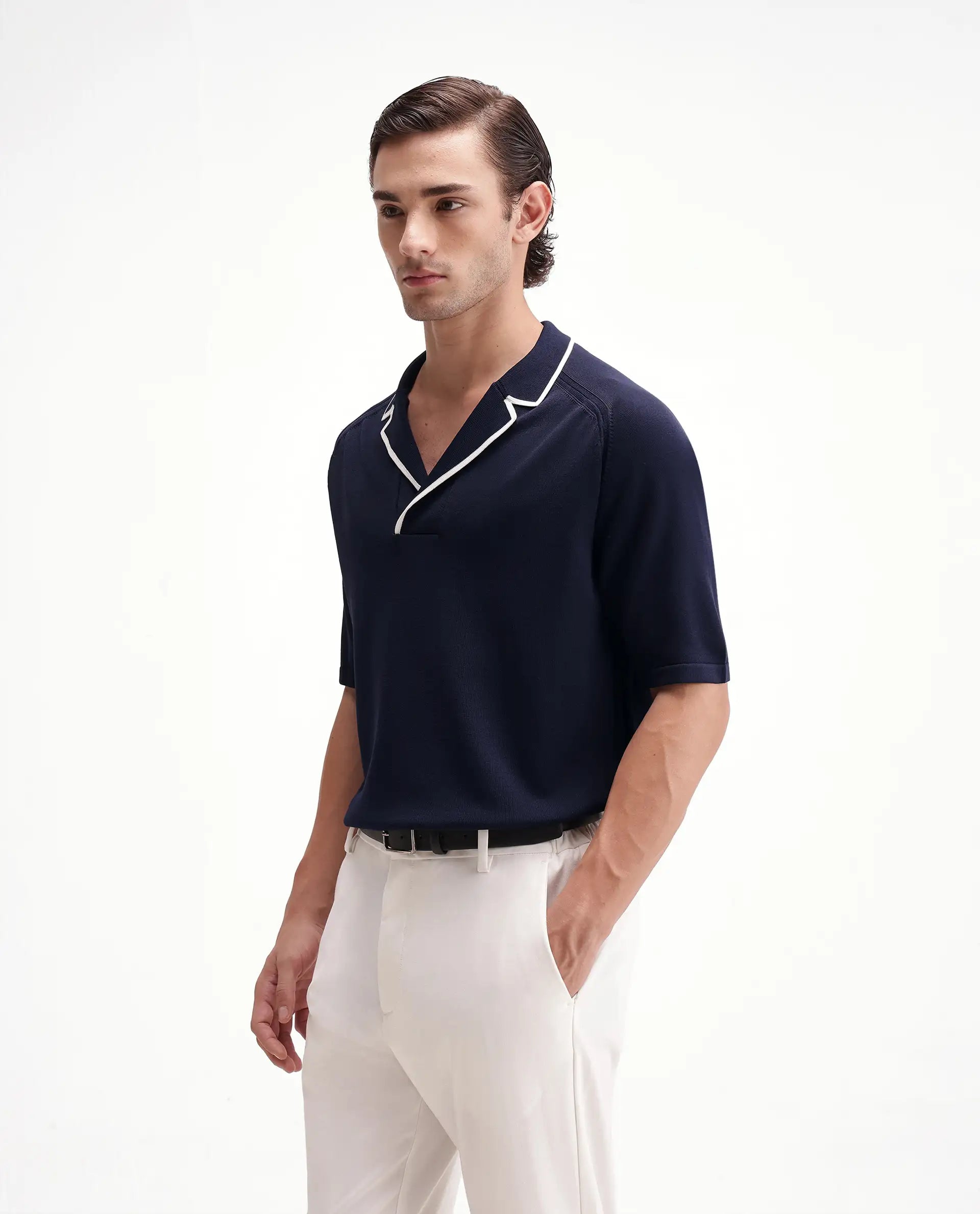 Rare Rabbit Men's Miri-Aw26 Dark Navy Viscose Blend Fabric Half Sleeve Cuban Collar Regular Fit Plain Polo