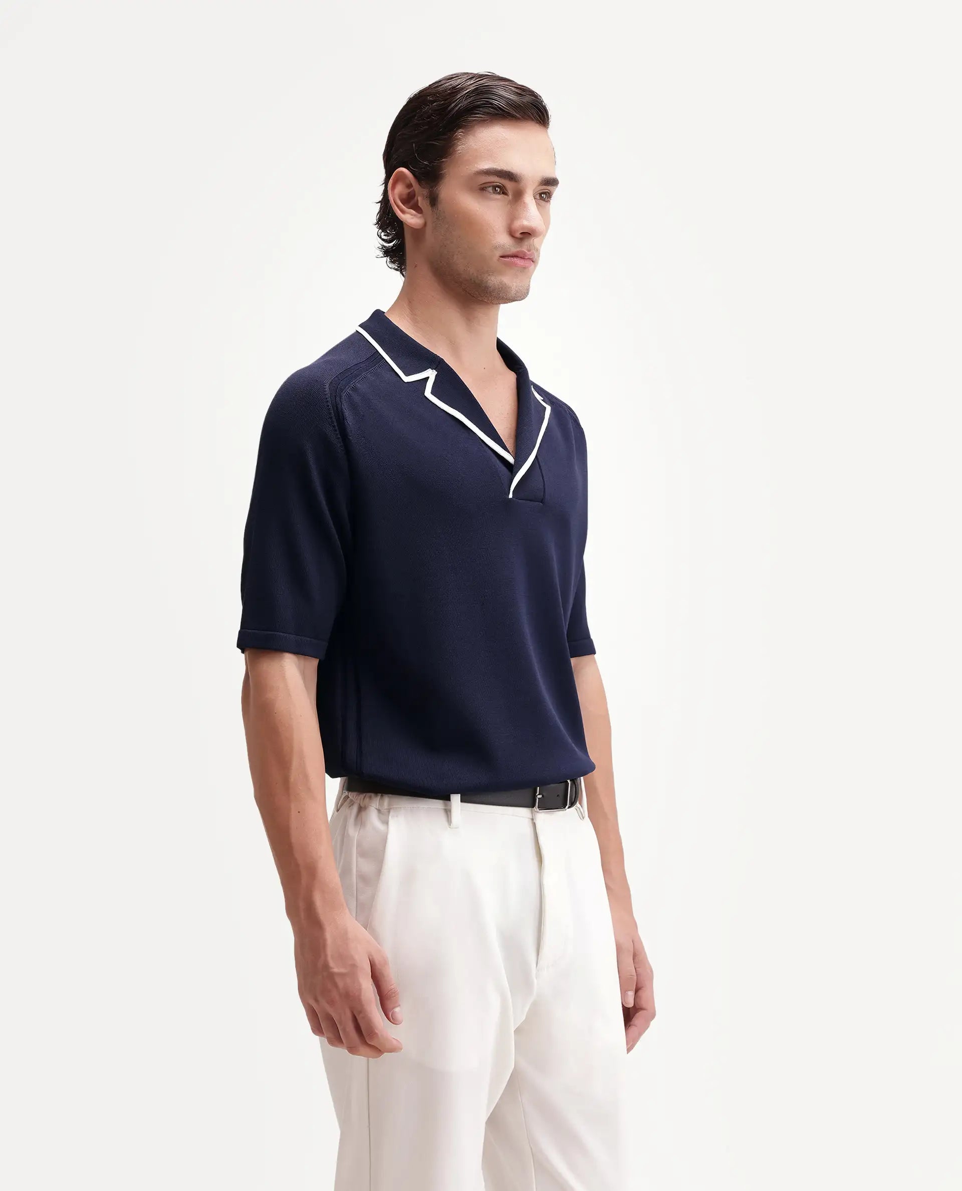 Rare Rabbit Men's Miri-Aw26 Dark Navy Viscose Blend Fabric Half Sleeve Cuban Collar Regular Fit Plain Polo