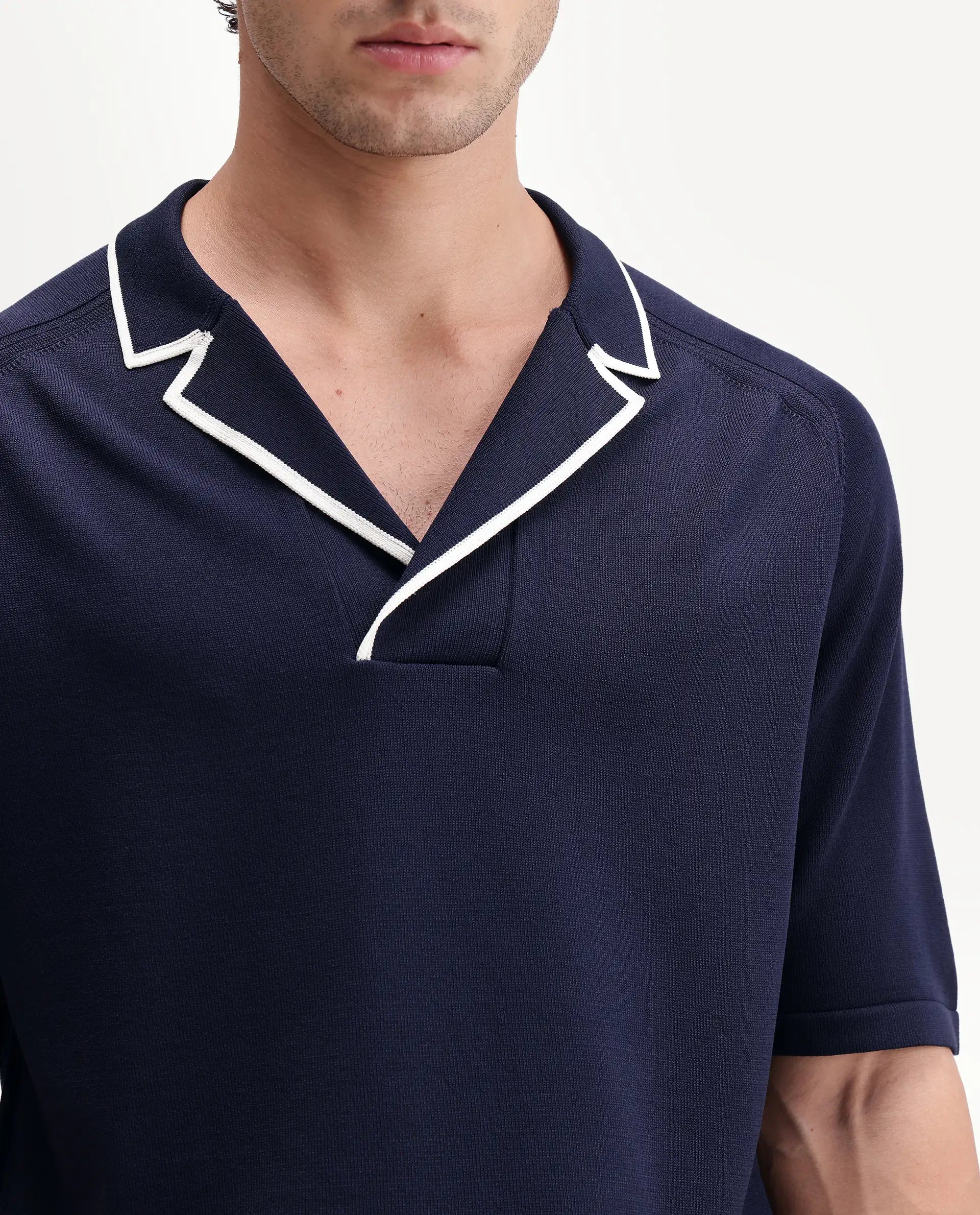 Rare Rabbit Men's Miri-Aw26 Dark Navy Viscose Blend Fabric Half Sleeve Cuban Collar Regular Fit Plain Polo