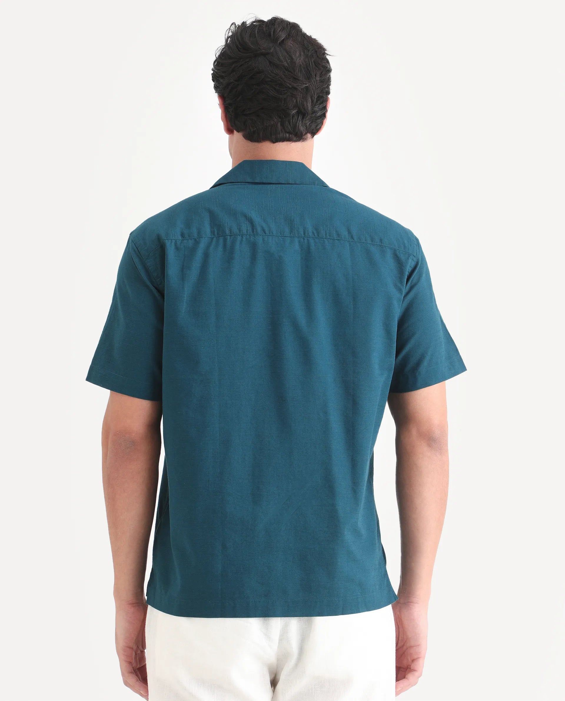 Rare Rabbit Men's Eron Dark Teal Linen Blend Fabric Half Sleeve Cuban Collar Relaxed Fit Embroidered Shirt