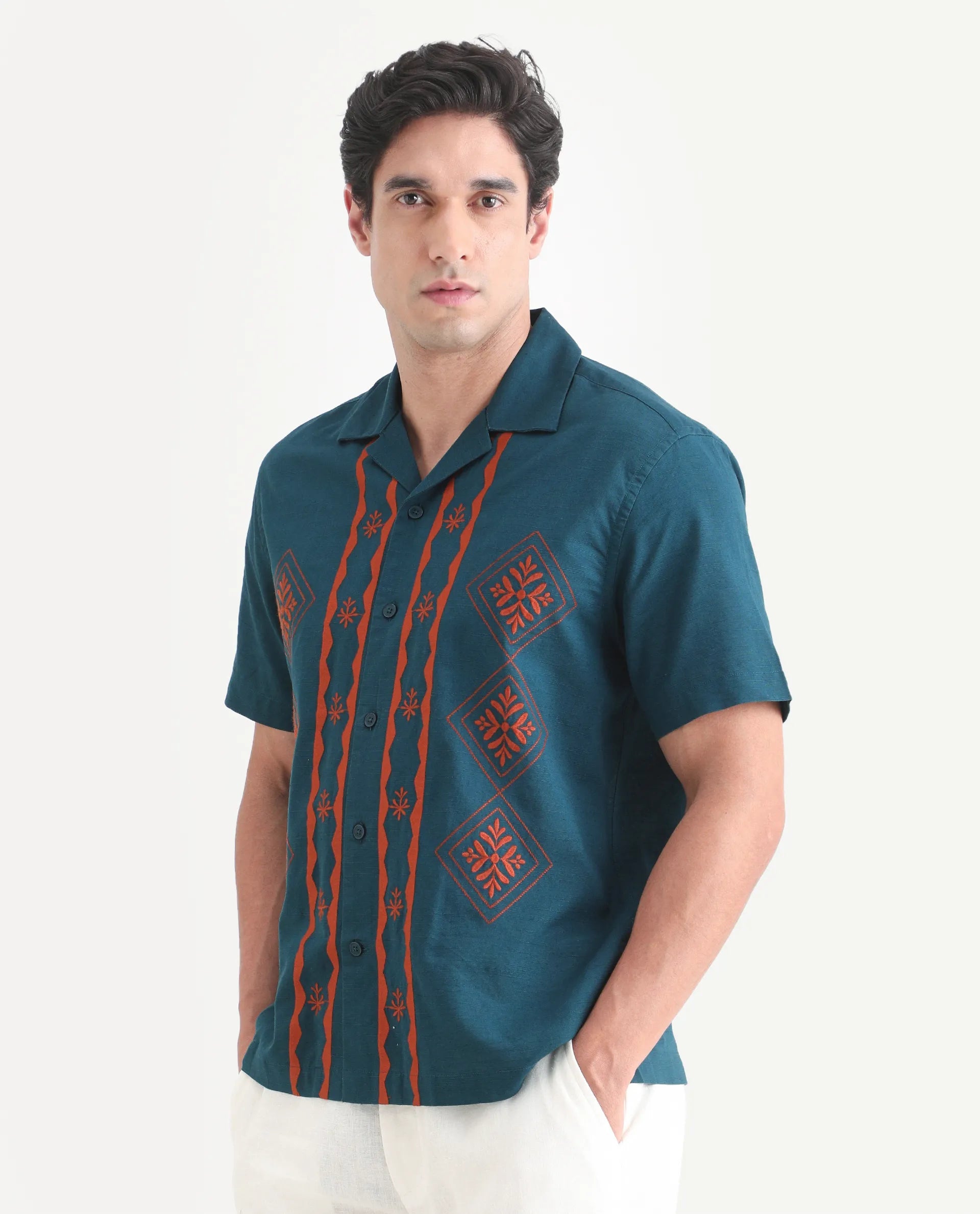 Rare Rabbit Men's Eron Dark Teal Linen Blend Fabric Half Sleeve Cuban Collar Relaxed Fit Embroidered Shirt