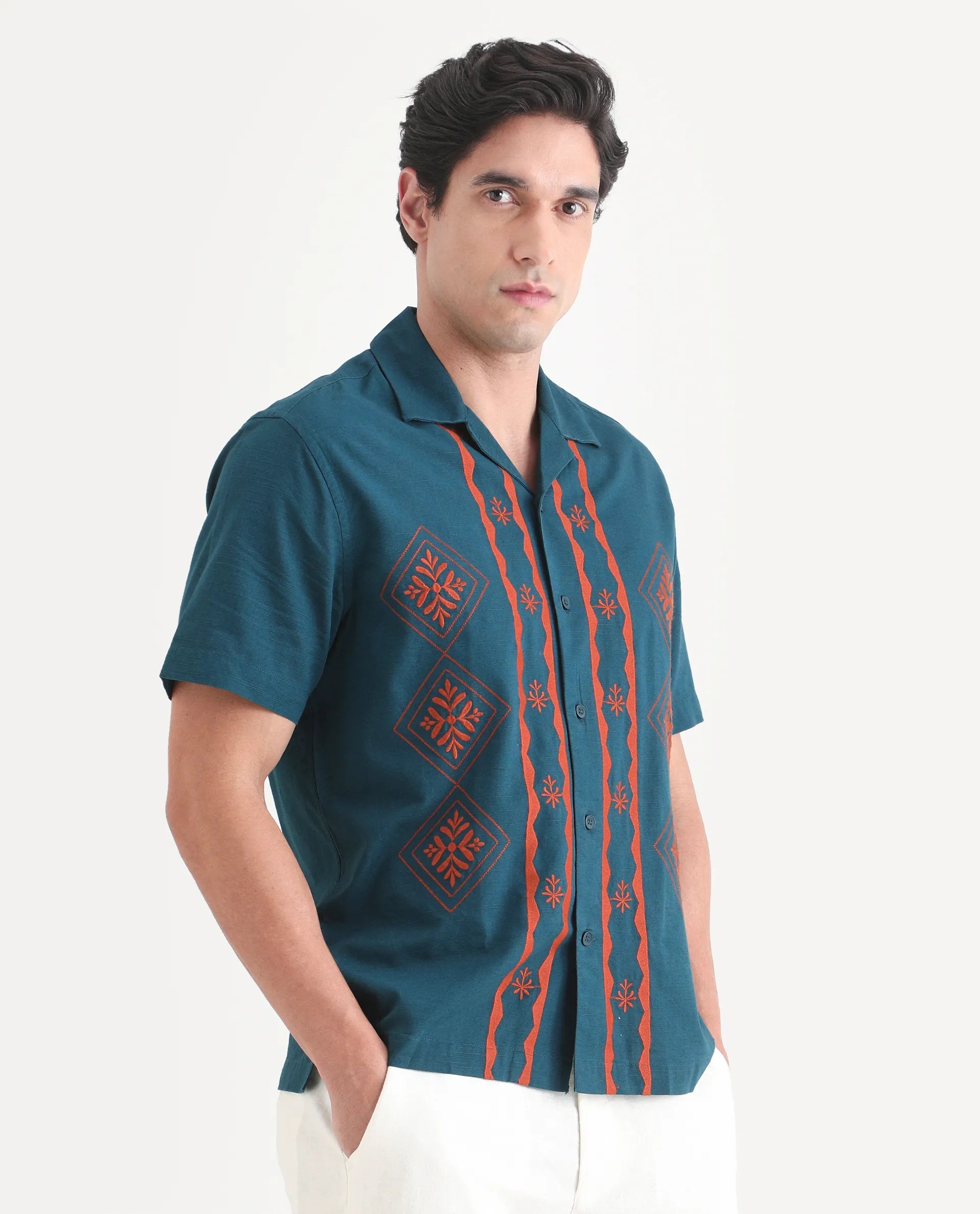 Rare Rabbit Men's Eron Dark Teal Linen Blend Fabric Half Sleeve Cuban Collar Relaxed Fit Embroidered Shirt