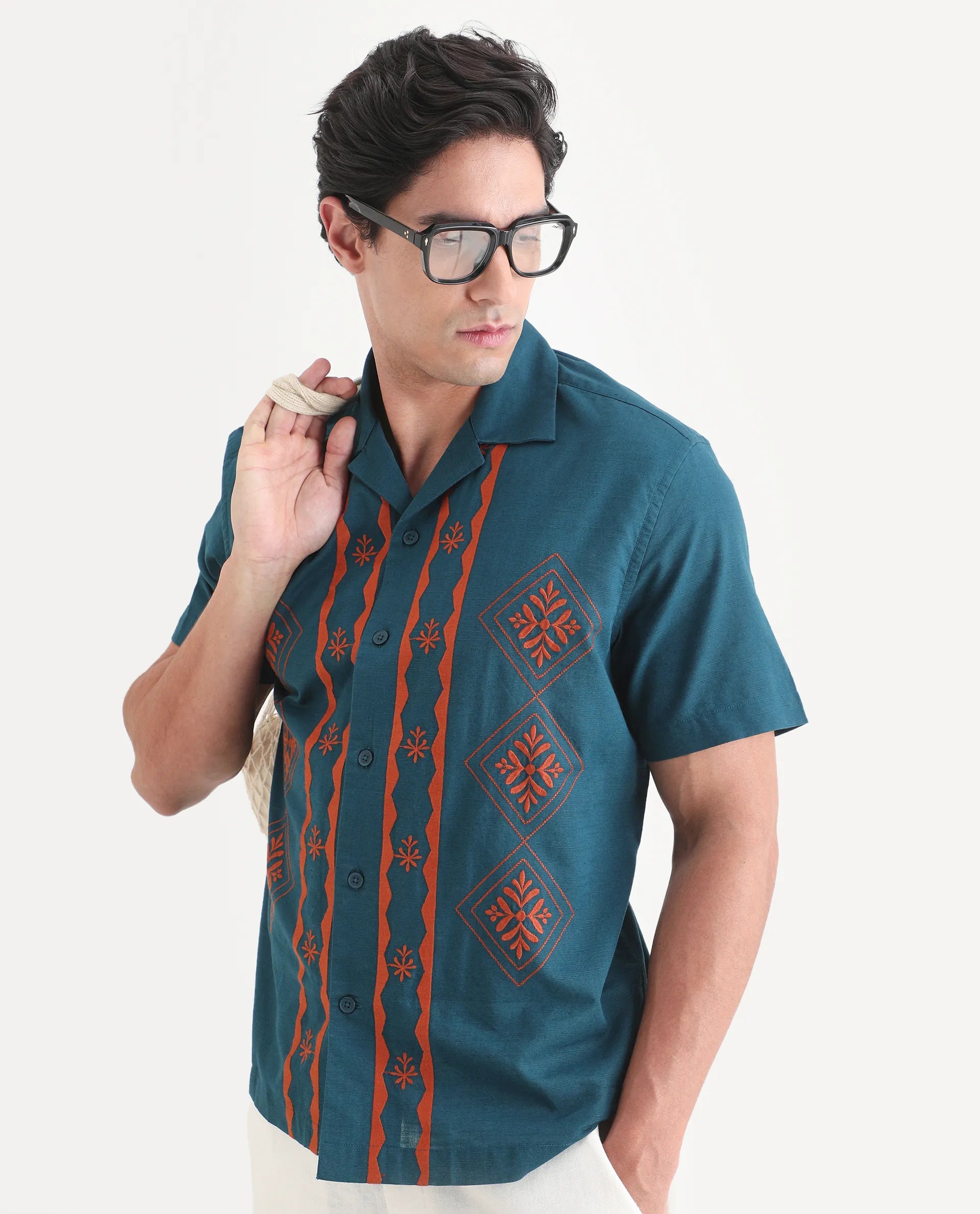 Rare Rabbit Men's Eron Dark Teal Linen Blend Fabric Half Sleeve Cuban Collar Relaxed Fit Embroidered Shirt