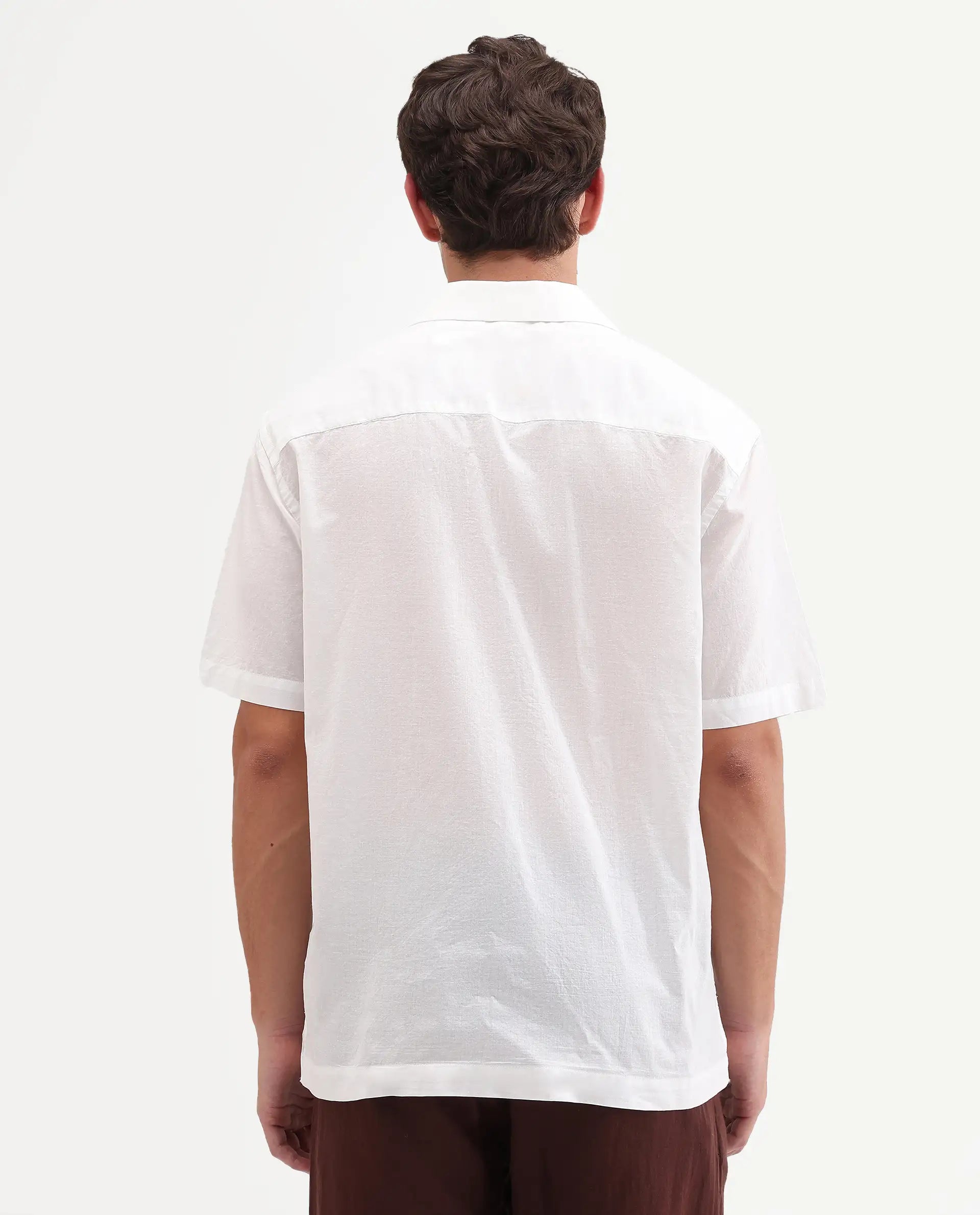 Rare Rabbit Men's Tuko White Cotton Fabric Half Sleeve Cuban Collar Relaxed fit Embroidered Shirt