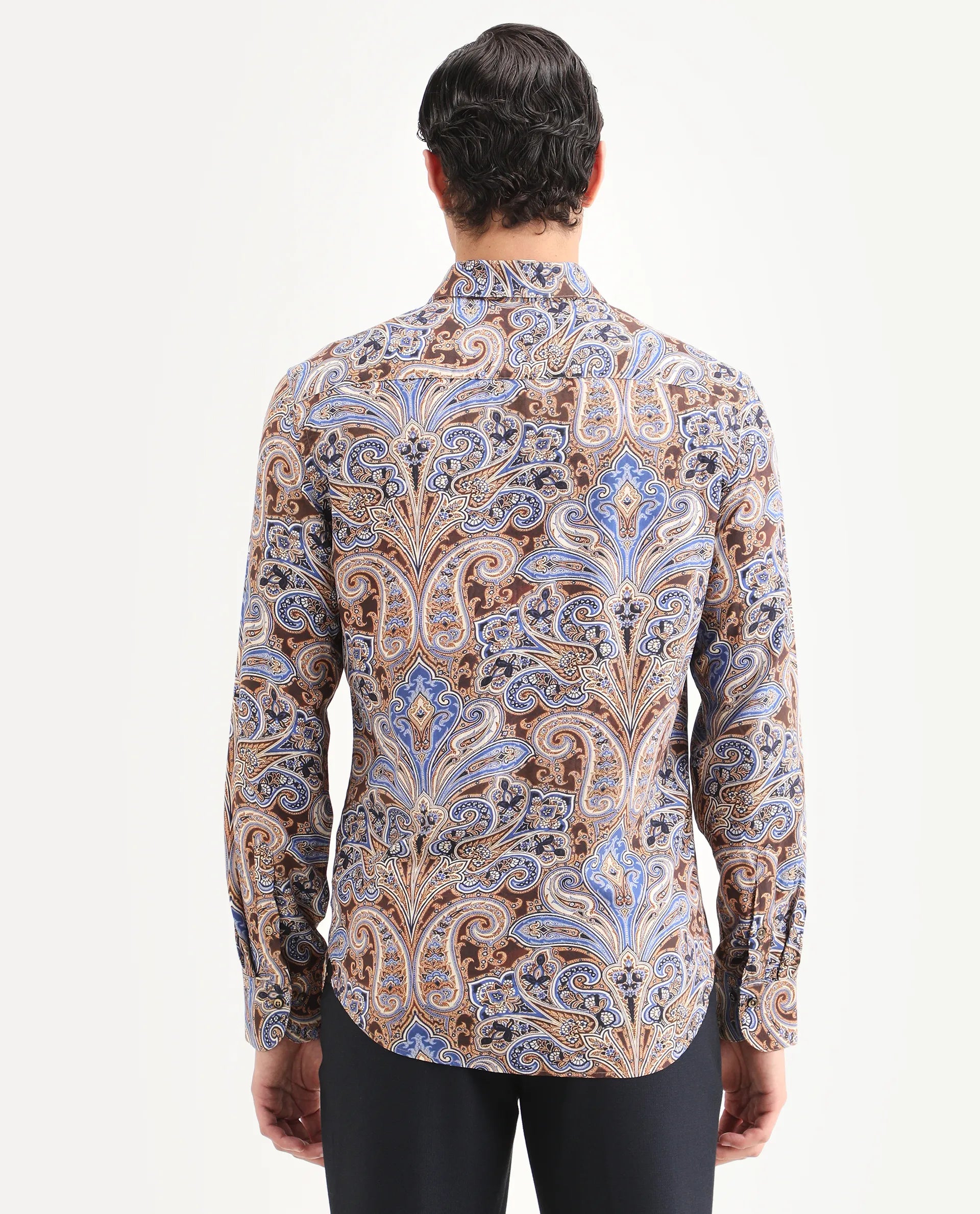 Rare Rabbit Men's Zila Brown Cotton Fabric Full Sleeve Spread Collar Regular Fit Paisley Print Shirt