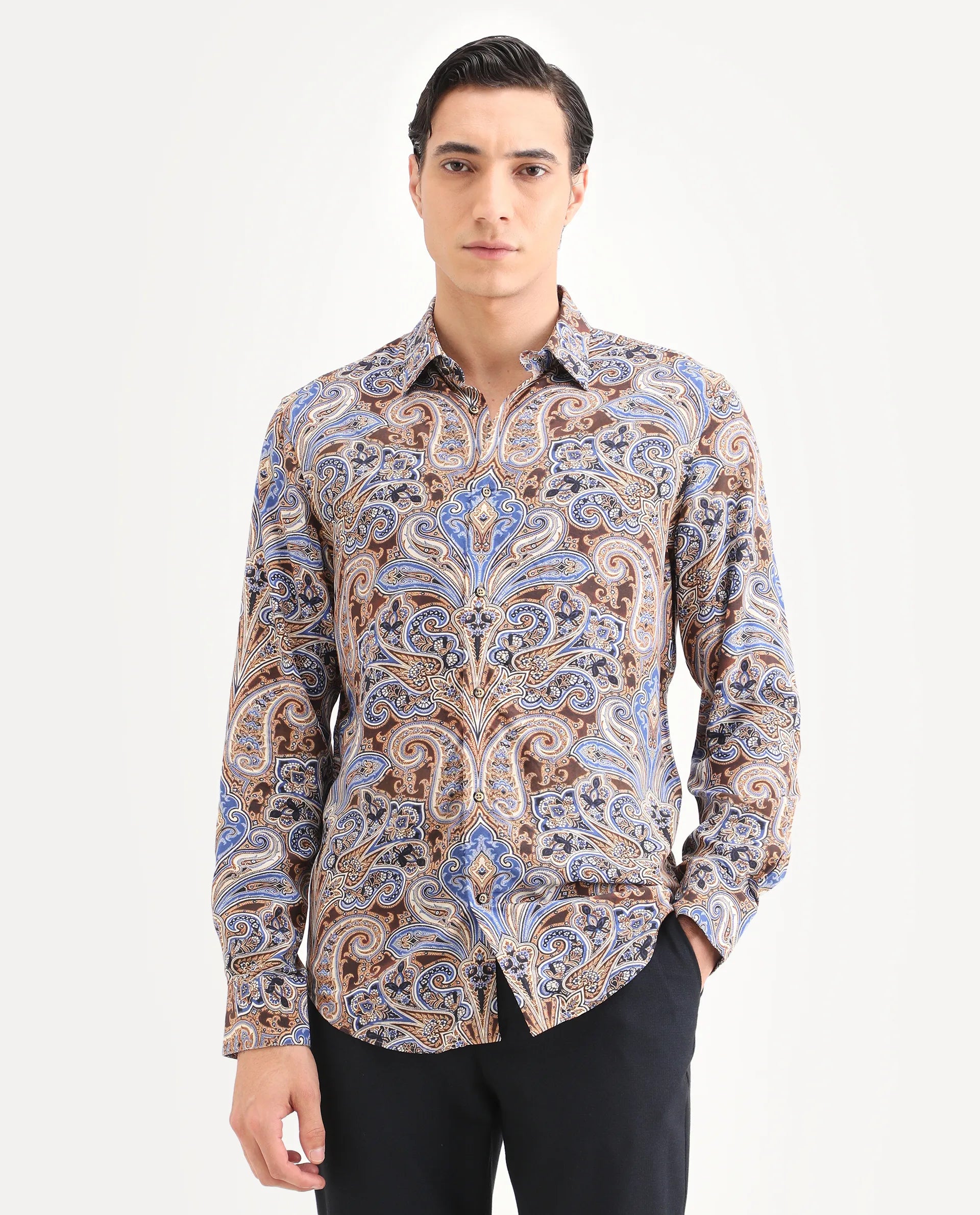 Rare Rabbit Men's Zila Brown Cotton Fabric Full Sleeve Spread Collar Regular Fit Paisley Print Shirt