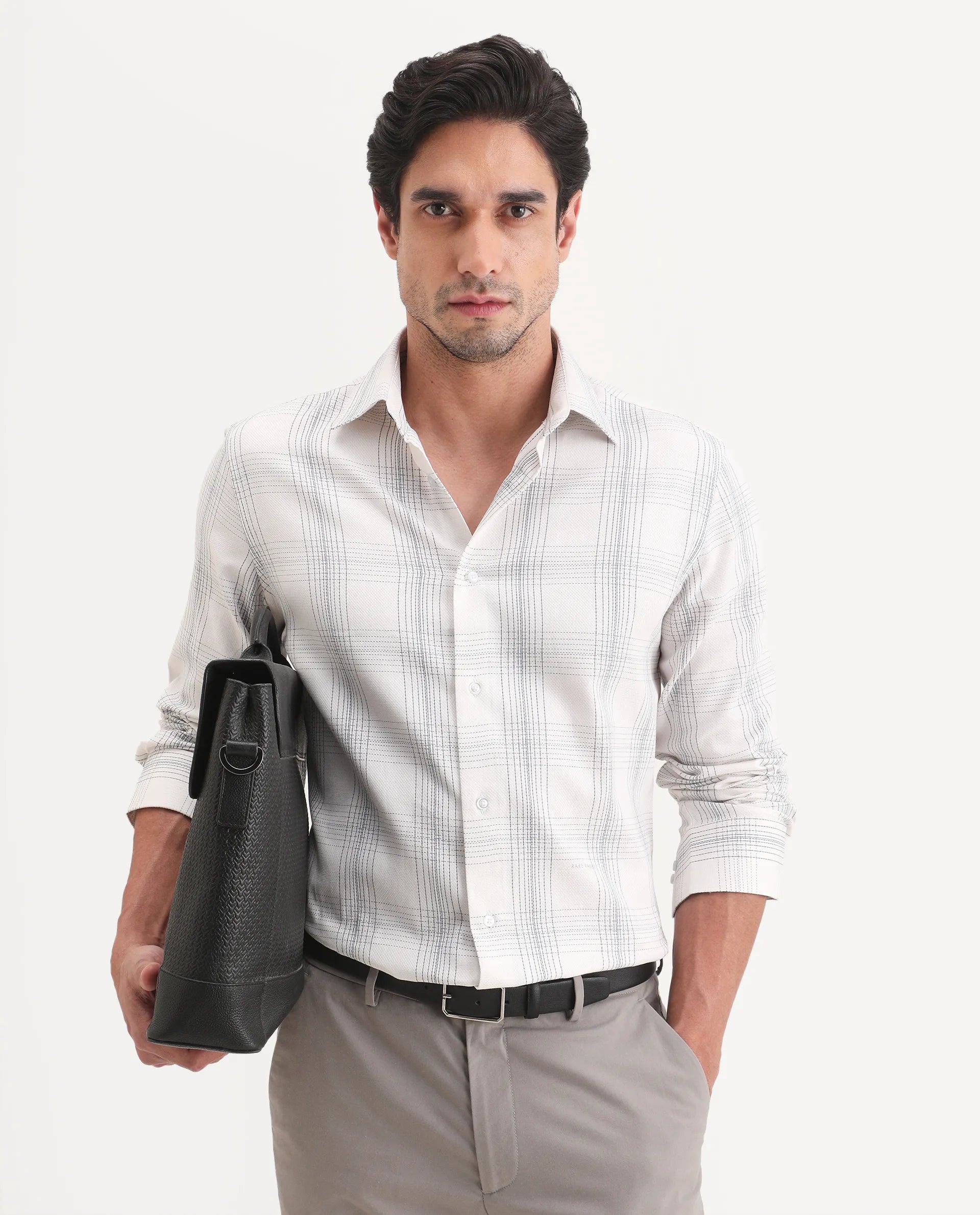 Rare Rabbit Men's Raul-S26 White Cotton Full Sleeve Spread Collar Regular Fit Checked Shirt