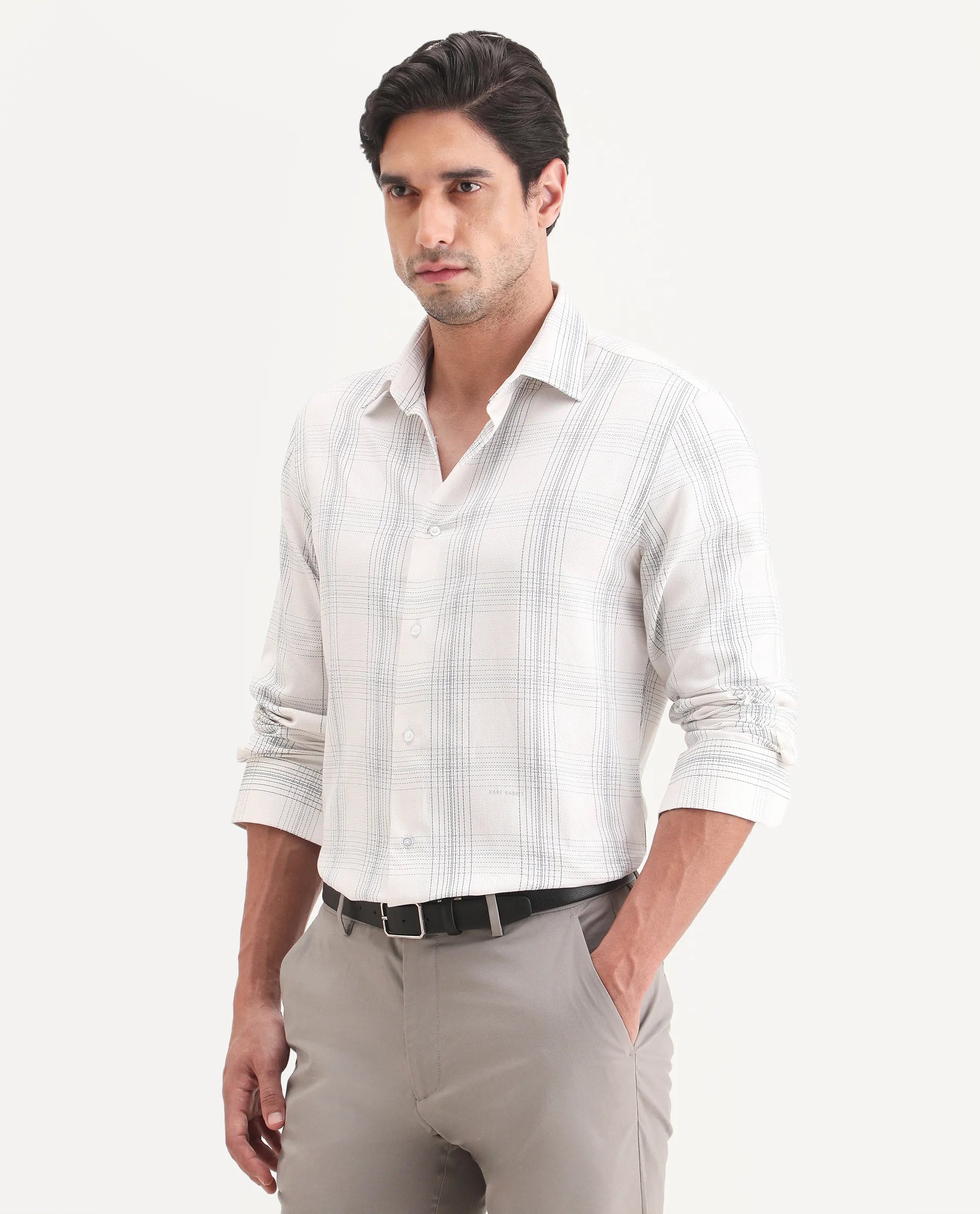 Rare Rabbit Men's Raul-S26 White Cotton Full Sleeve Spread Collar Regular Fit Checked Shirt
