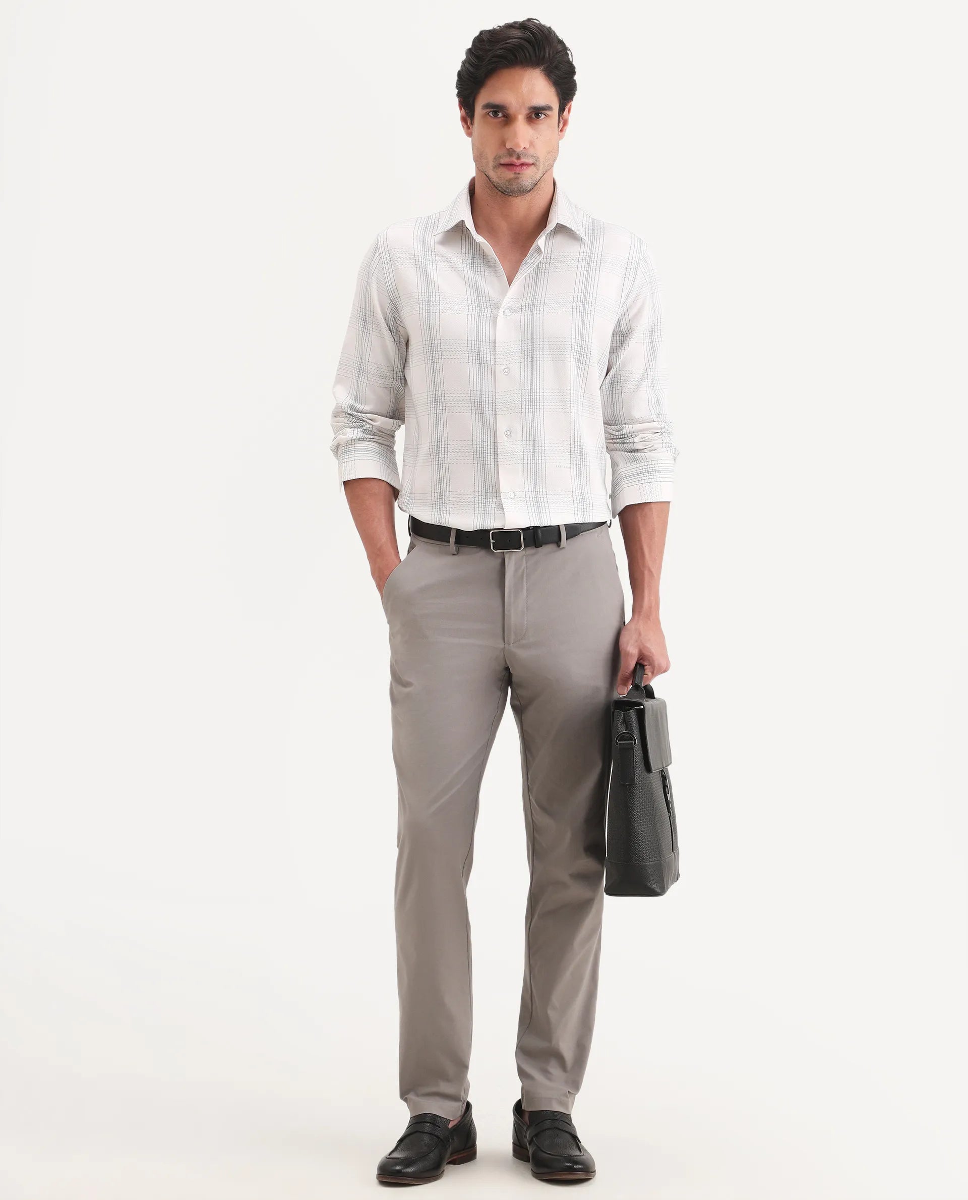 Rare Rabbit Men's Raul-S26 White Cotton Full Sleeve Spread Collar Regular Fit Checked Shirt