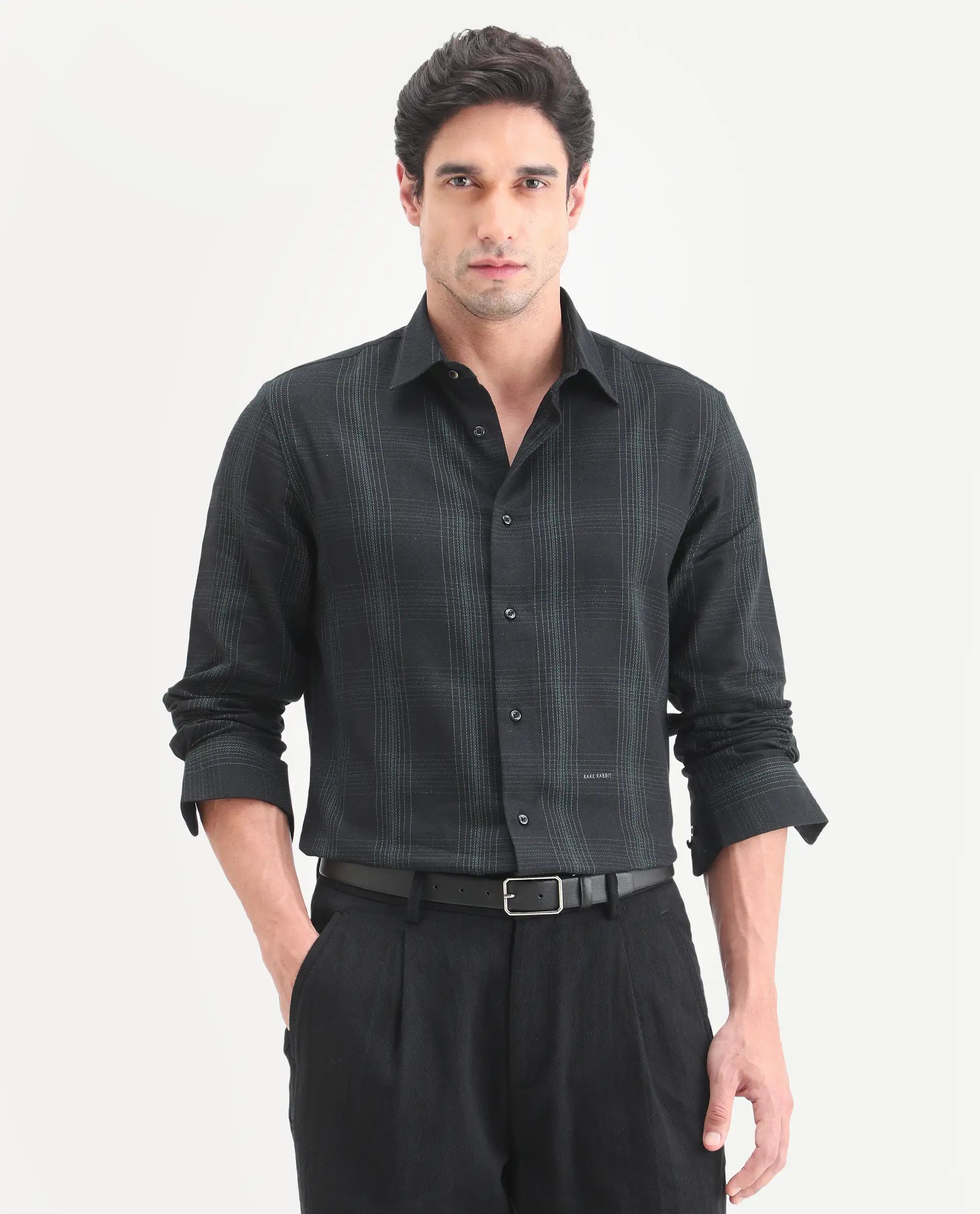 Rare Rabbit Men's Raul-S26 Black Cotton Full Sleeve Spread Collar Regular Fit Checked Shirt