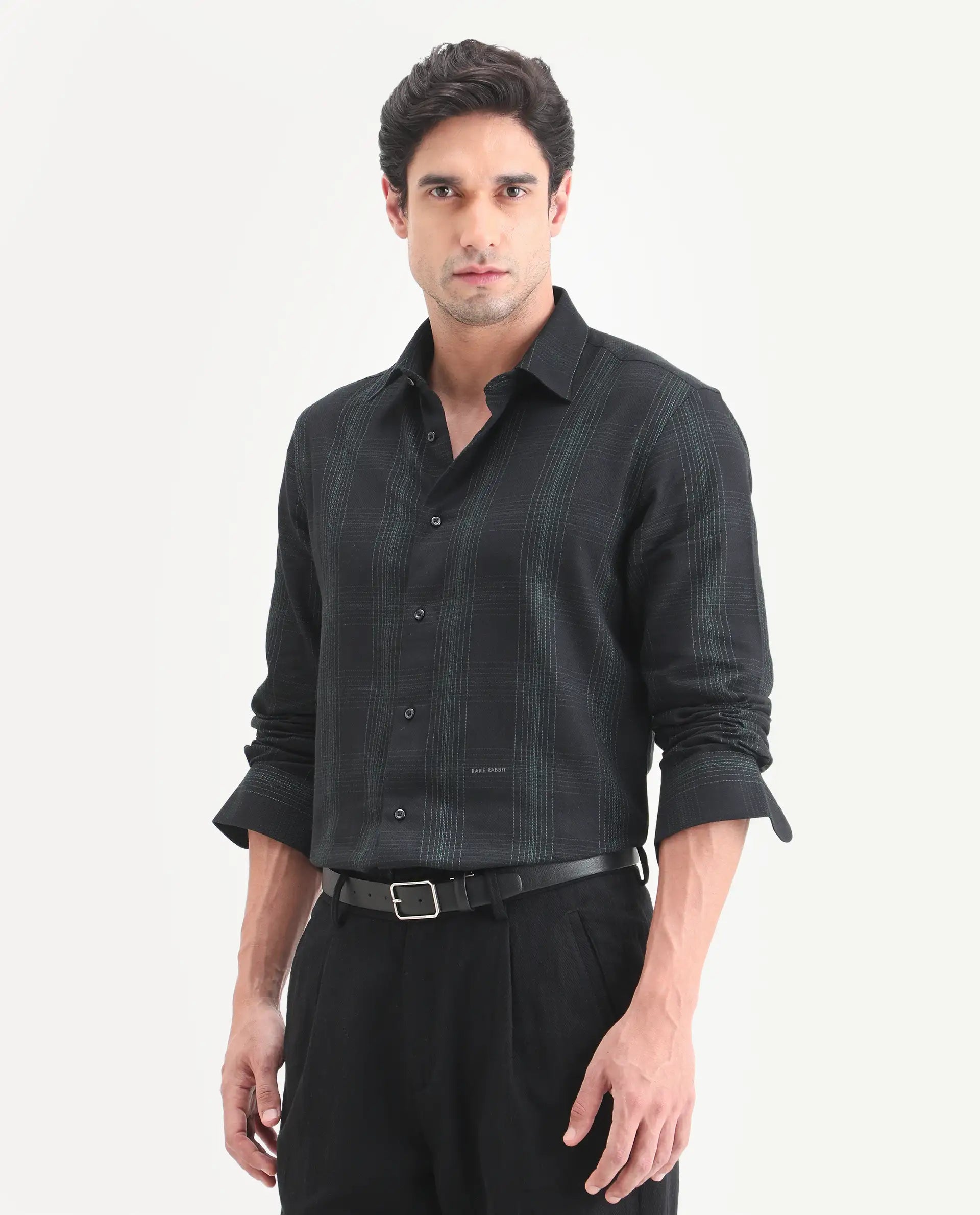 Rare Rabbit Men's Raul-S26 Black Cotton Full Sleeve Spread Collar Regular Fit Checked Shirt