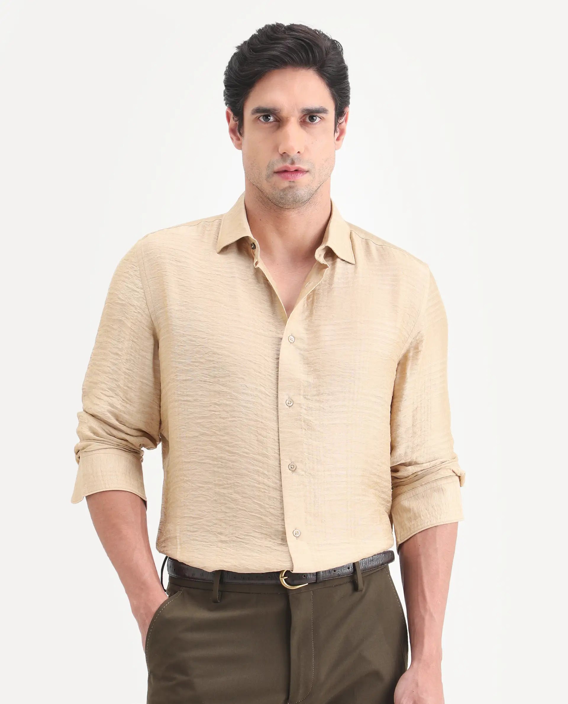 Rare Rabbit Men's Vaxon-26 Light Beige Viscose Blend Full Sleeve Spread Collar Regular Fit Checked Shirt