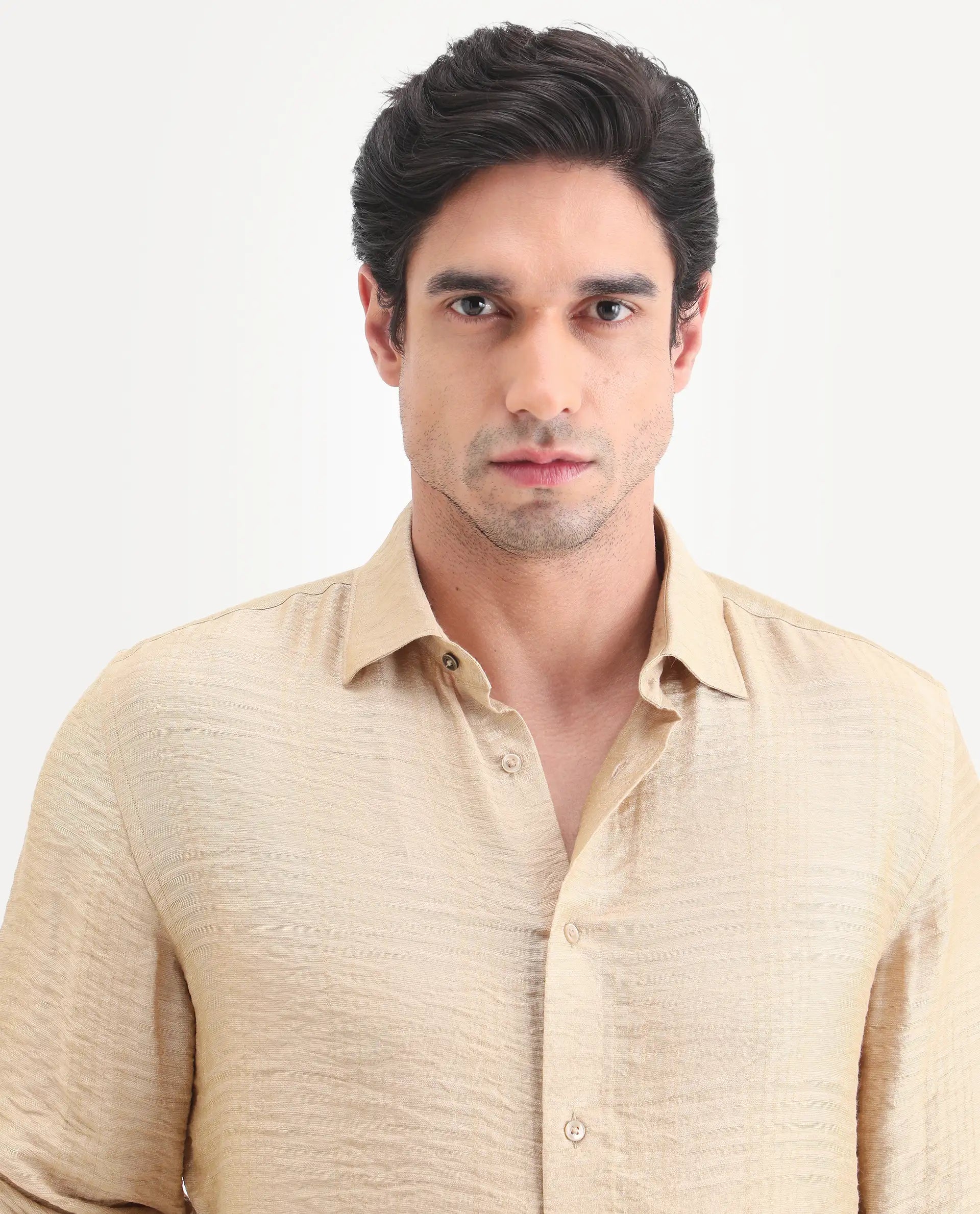 Rare Rabbit Men's Vaxon-26 Light Beige Viscose Blend Full Sleeve Spread Collar Regular Fit Checked Shirt