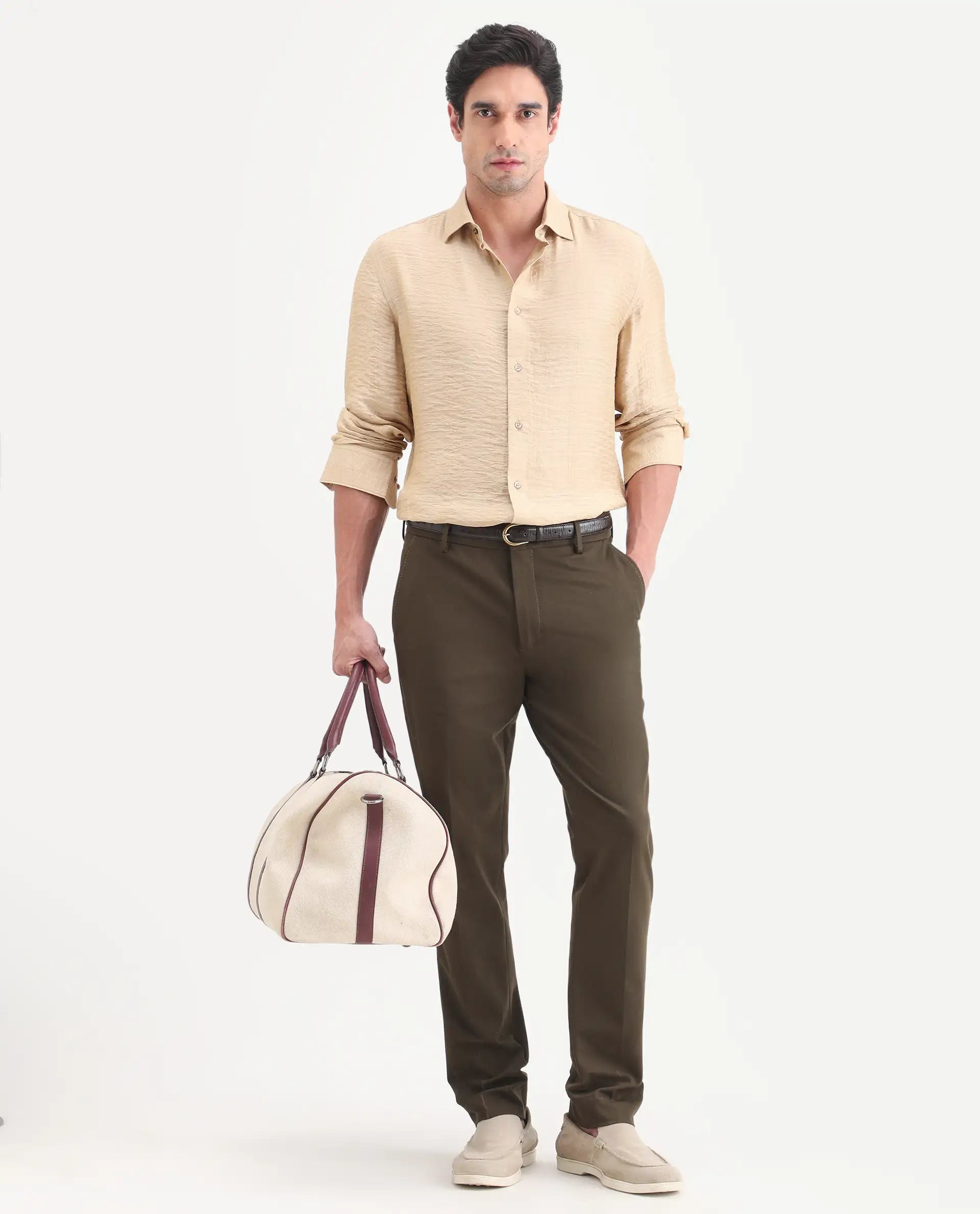 Rare Rabbit Men's Vaxon-26 Light Beige Viscose Blend Full Sleeve Spread Collar Regular Fit Checked Shirt