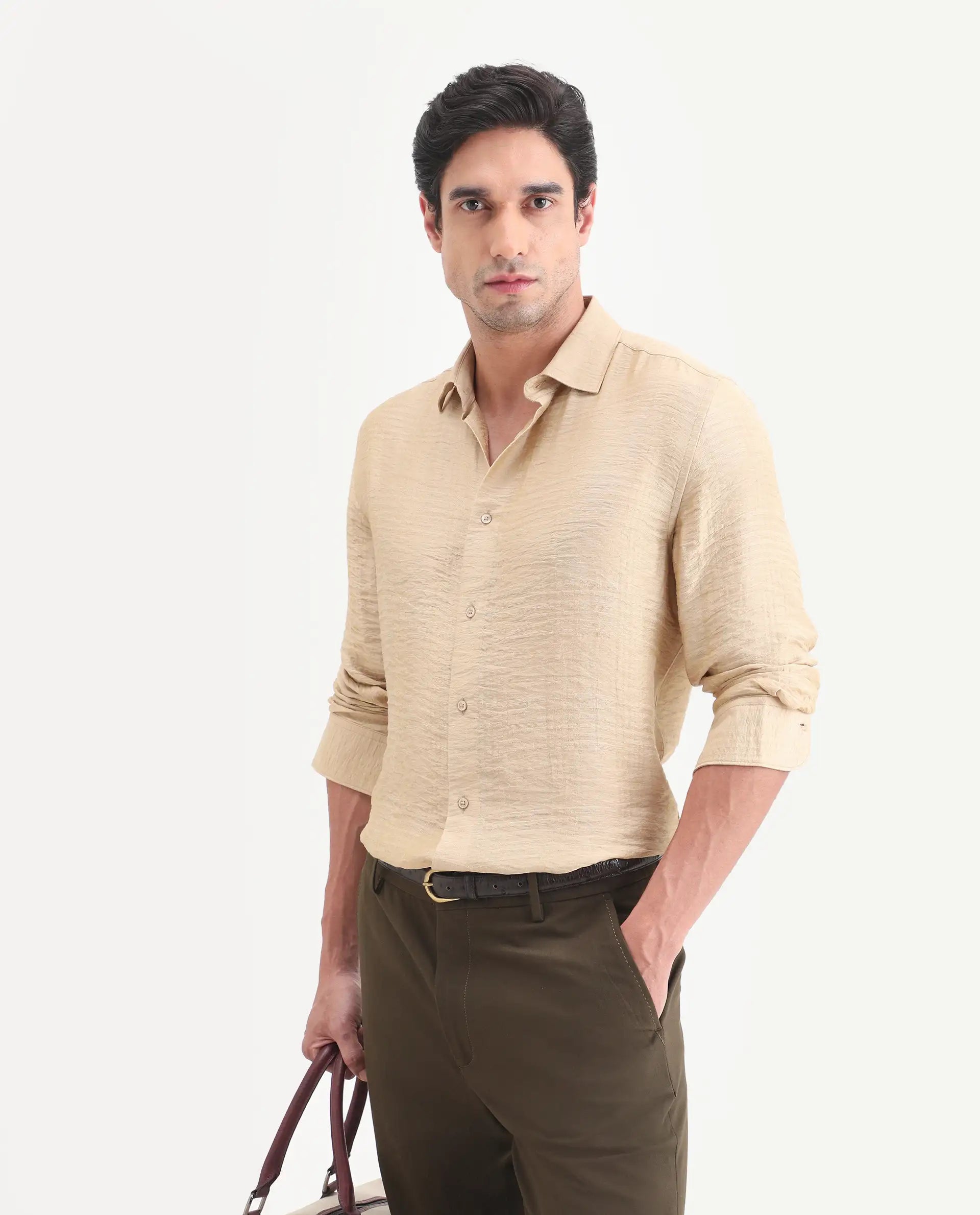 Rare Rabbit Men's Vaxon-26 Light Beige Viscose Blend Full Sleeve Spread Collar Regular Fit Checked Shirt