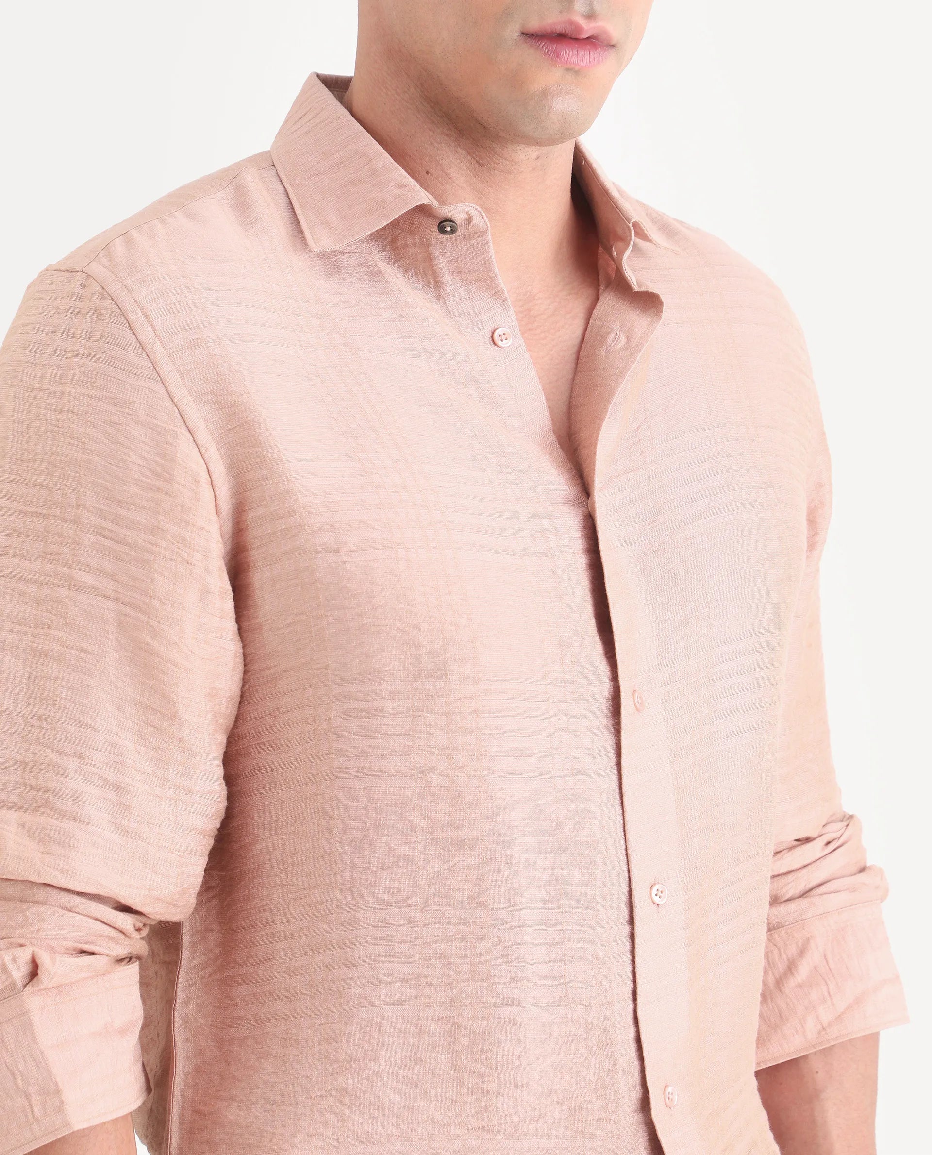 Rare Rabbit Men's Vaxon-26 Light Peach Viscose Blend Full Sleeve Spread Collar Regular Fit Checked Shirt