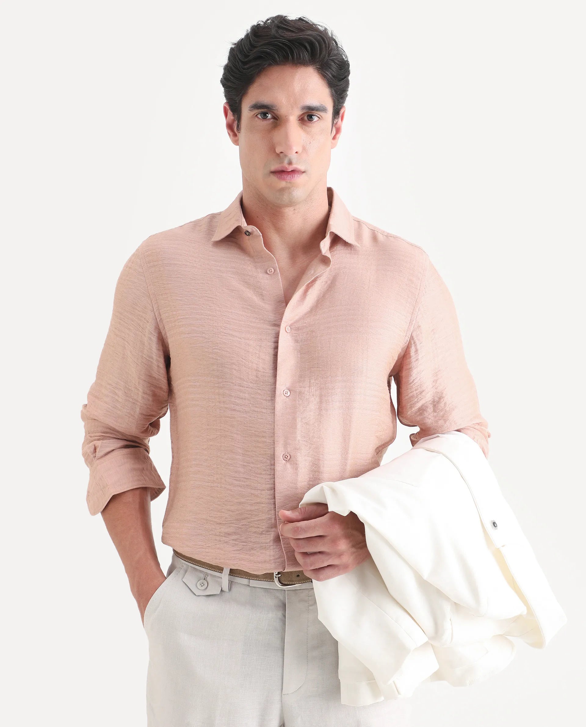 Rare Rabbit Men's Vaxon-26 Light Peach Viscose Blend Full Sleeve Spread Collar Regular Fit Checked Shirt