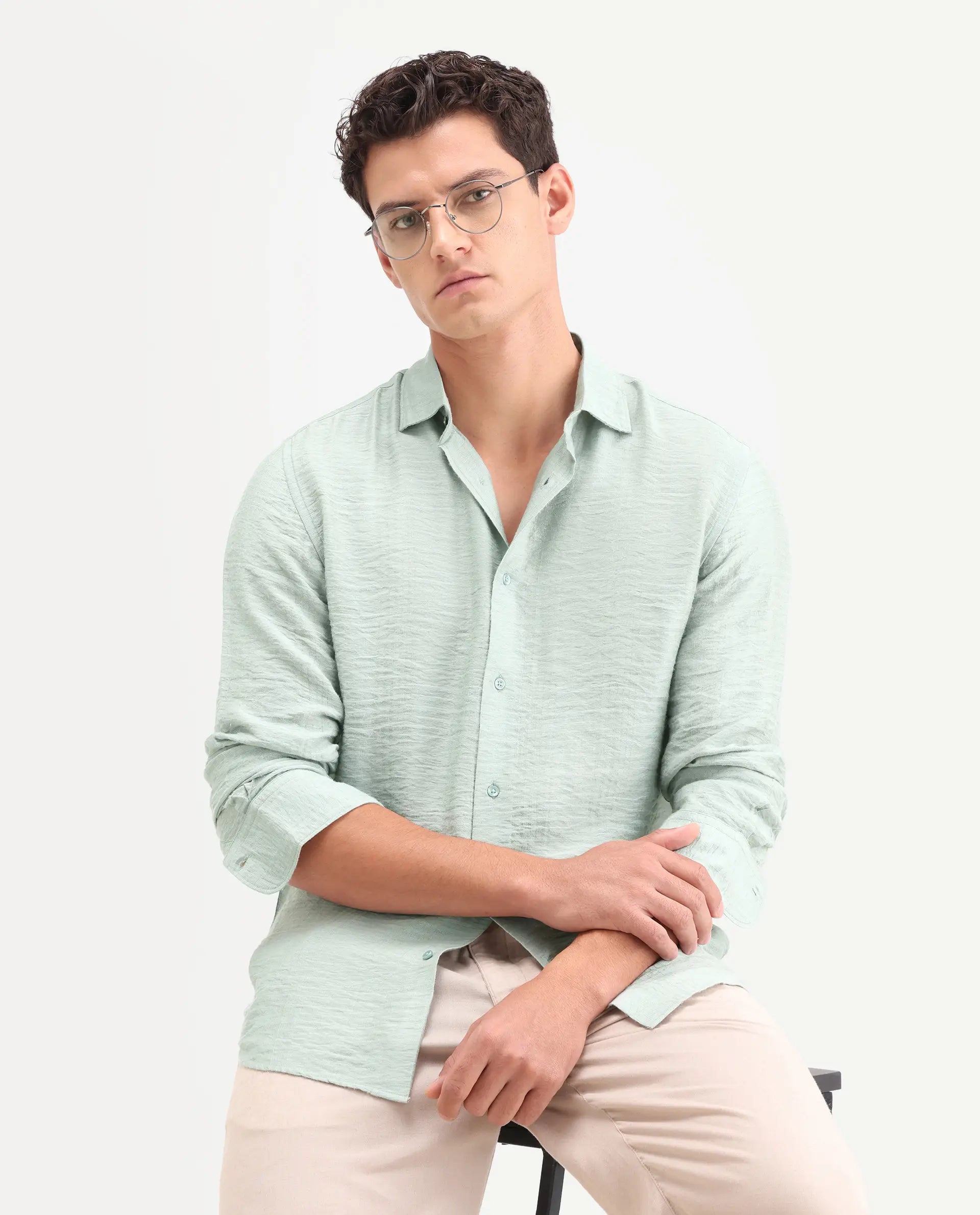 Rare Rabbit Men's Vaxon-26 Pastel Green Viscose Blend Full Sleeve Spread Collar Regular Fit Checked Shirt