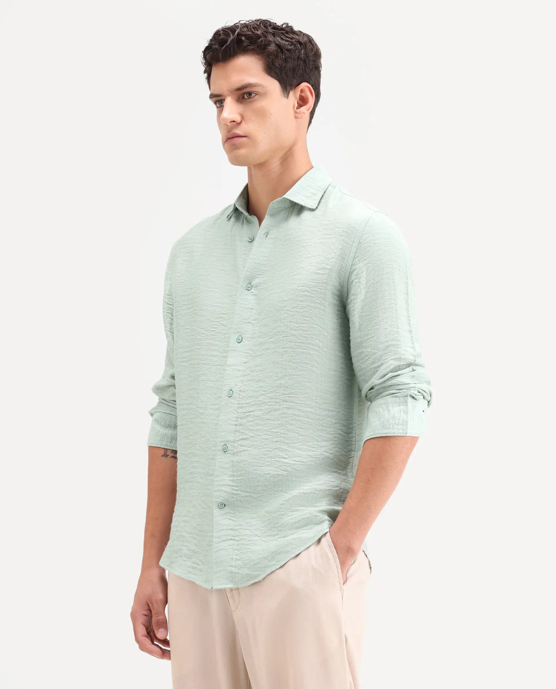 Rare Rabbit Men's Vaxon-26 Pastel Green Viscose Blend Full Sleeve Spread Collar Regular Fit Checked Shirt