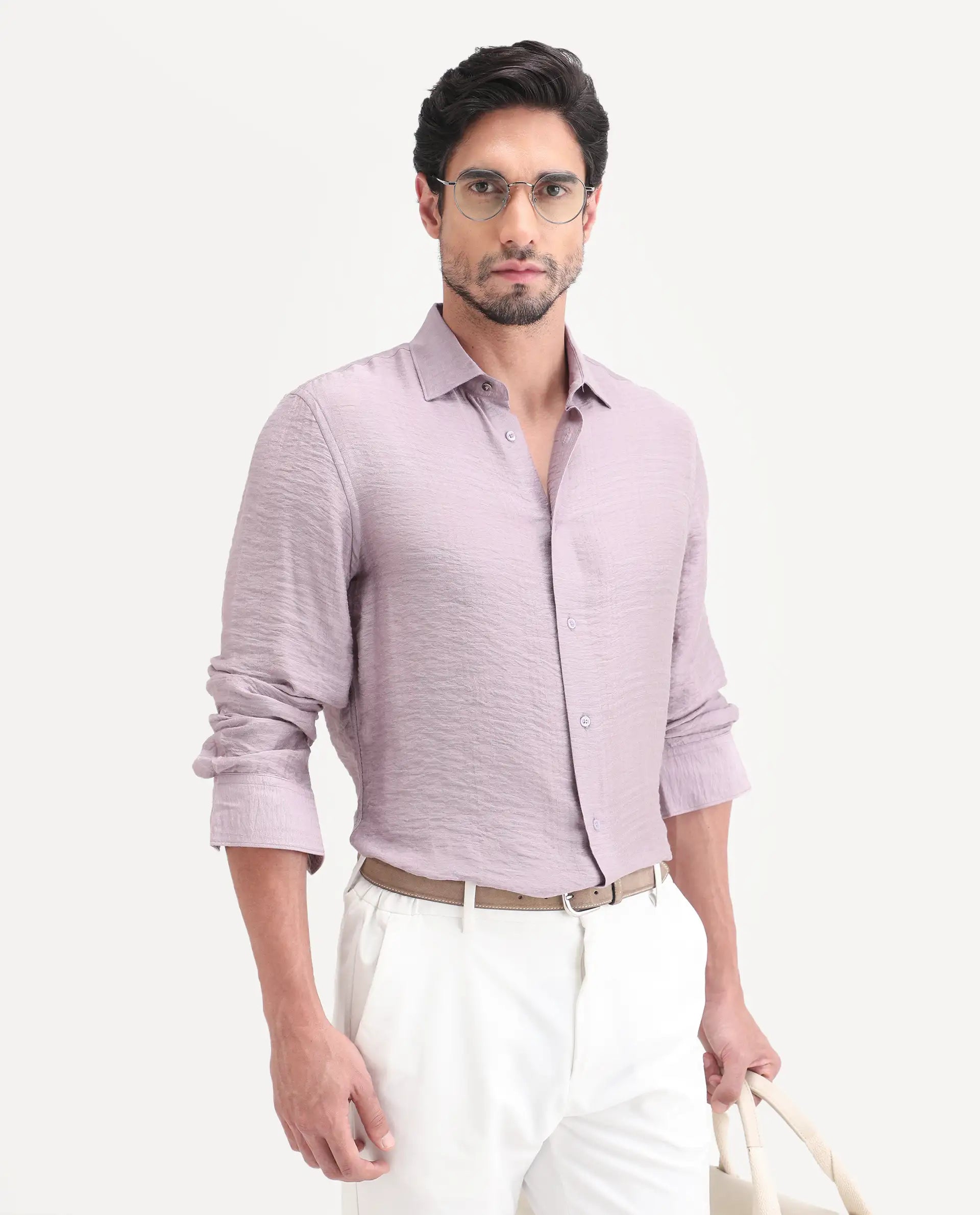 Rare Rabbit Men's Vaxon-26 Pastel Purple Viscose Blend Full Sleeve Spread Collar Regular Fit Checked Shirt