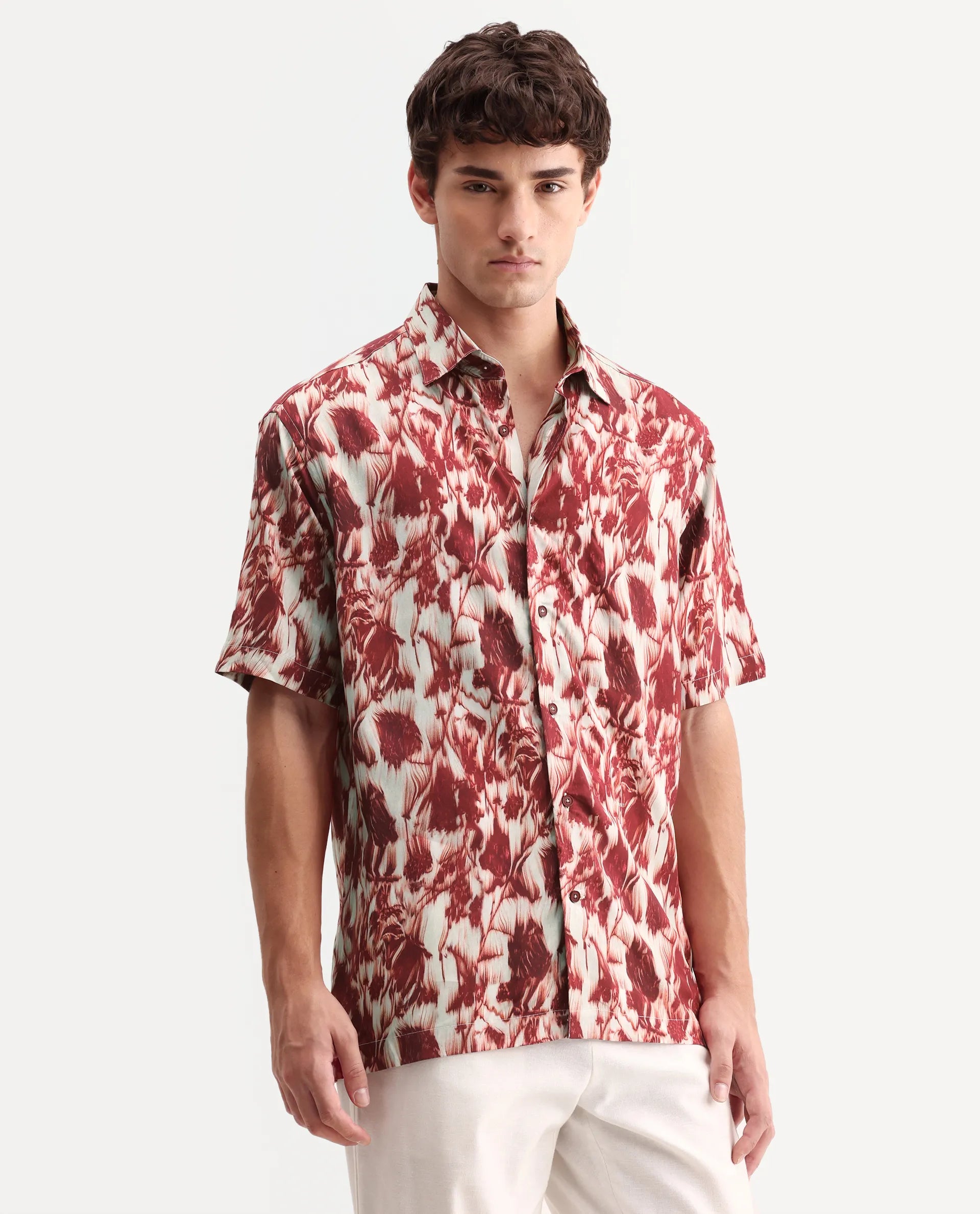 Rare Rabbit Men's Ziya Red Viscose Fabric Half Sleeve Regular Fit Abstract Print Shirt