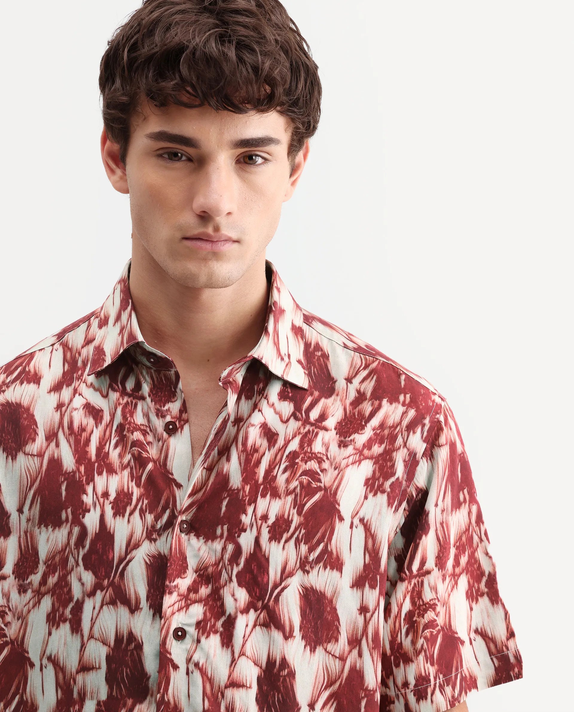 Rare Rabbit Men's Ziya Red Viscose Fabric Half Sleeve Regular Fit Abstract Print Shirt